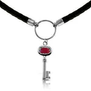 0.5 Carat 14K Solid White Gold Leather Key Necklace Ruby