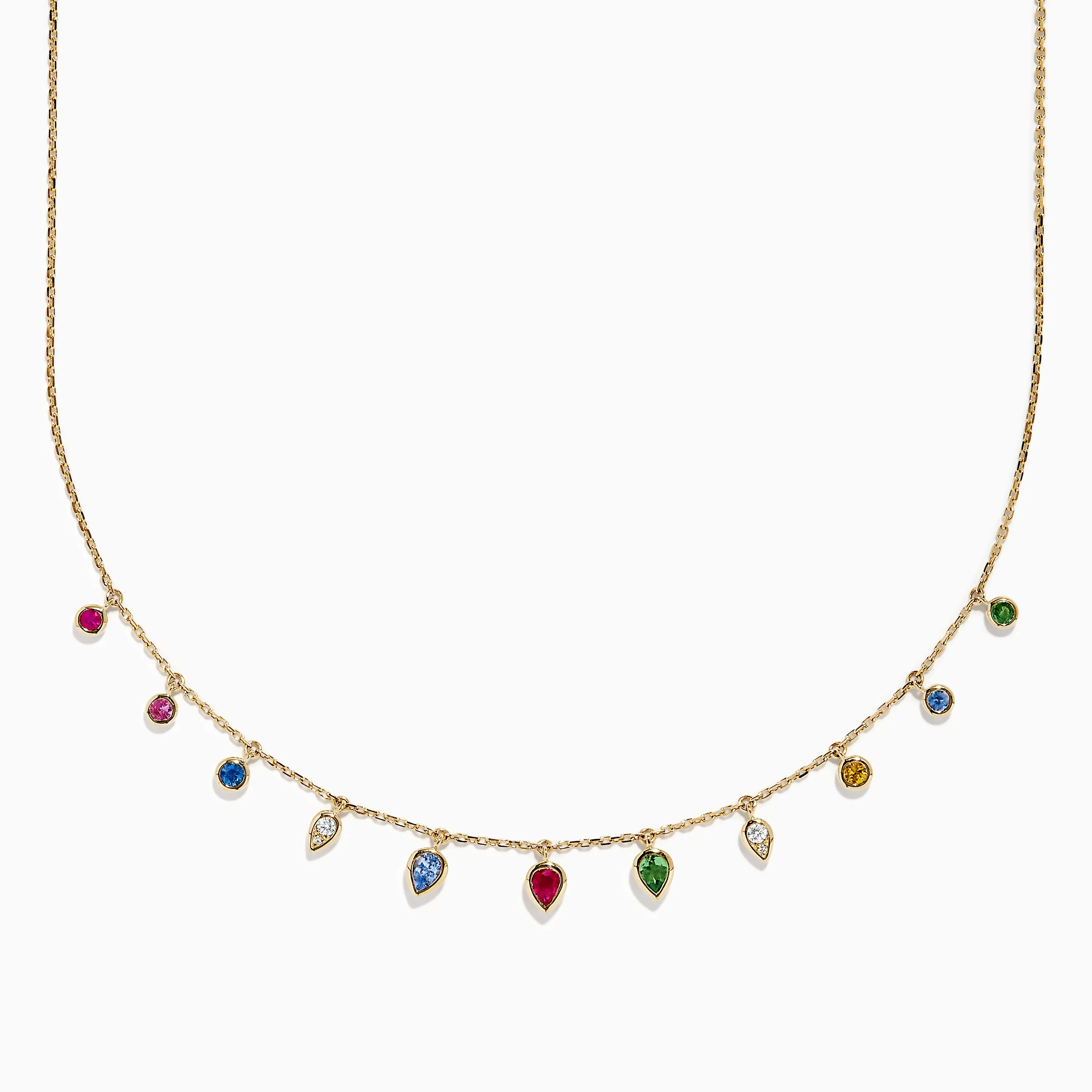 14K Yellow Gold Multi Sapphire Diamond Rain Drop Station Necklace