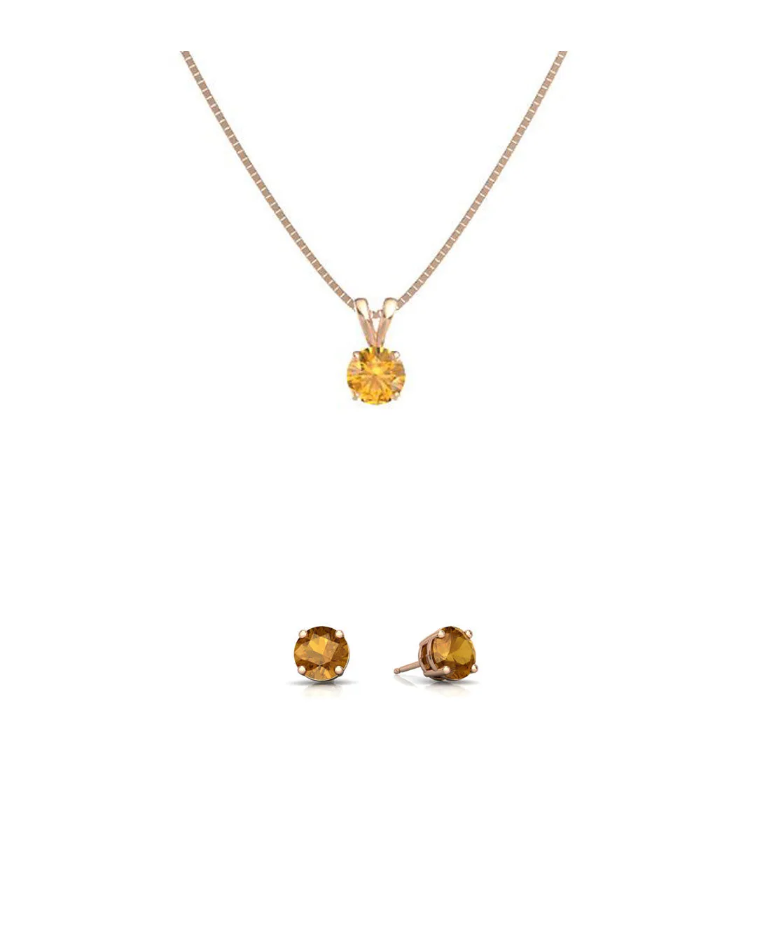 18K Rose Gold 1ct Citrine Round 18 Inch Necklace and Earrings Set Plated