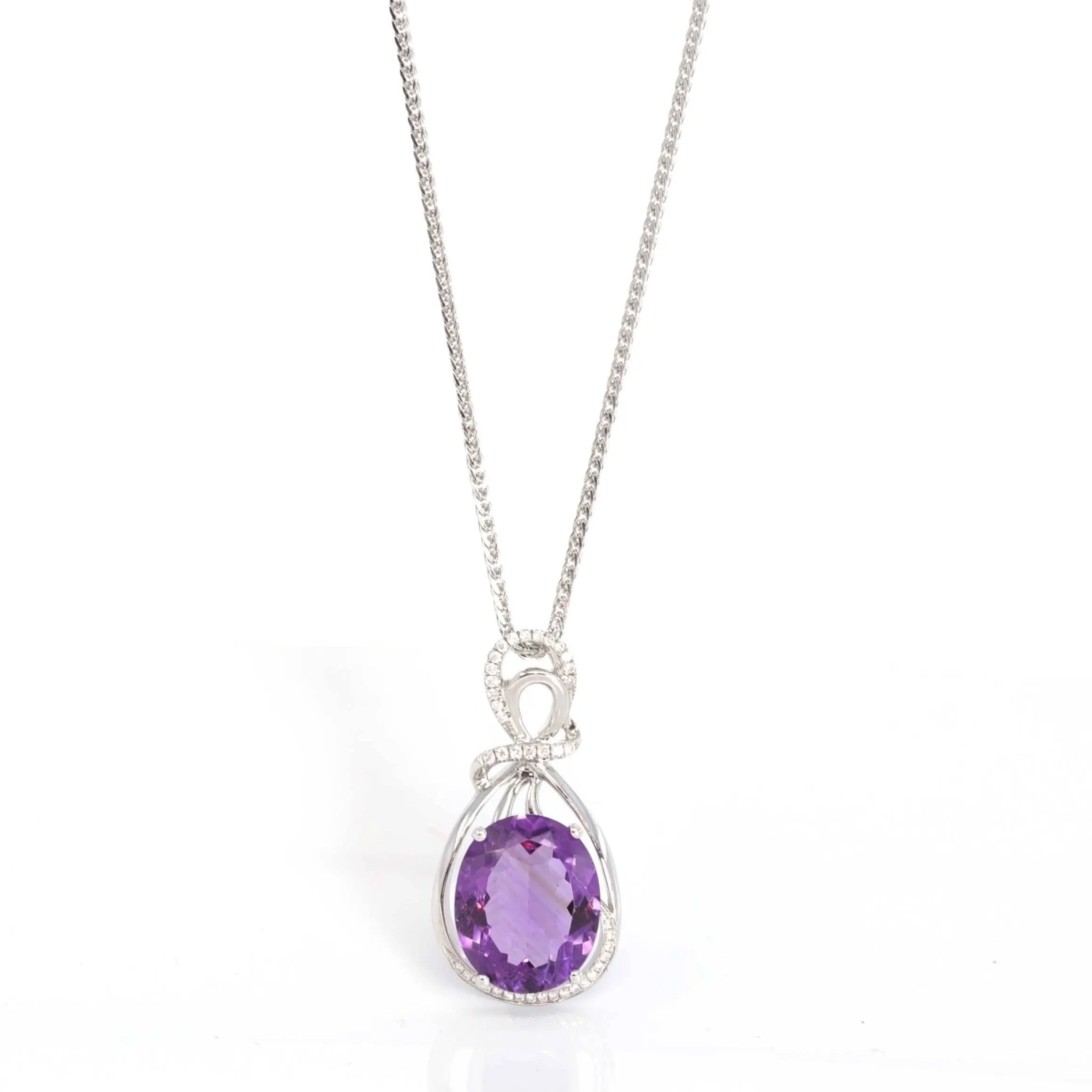 18k White Gold Genuine AAA Royal Amethyst Pendant Necklace