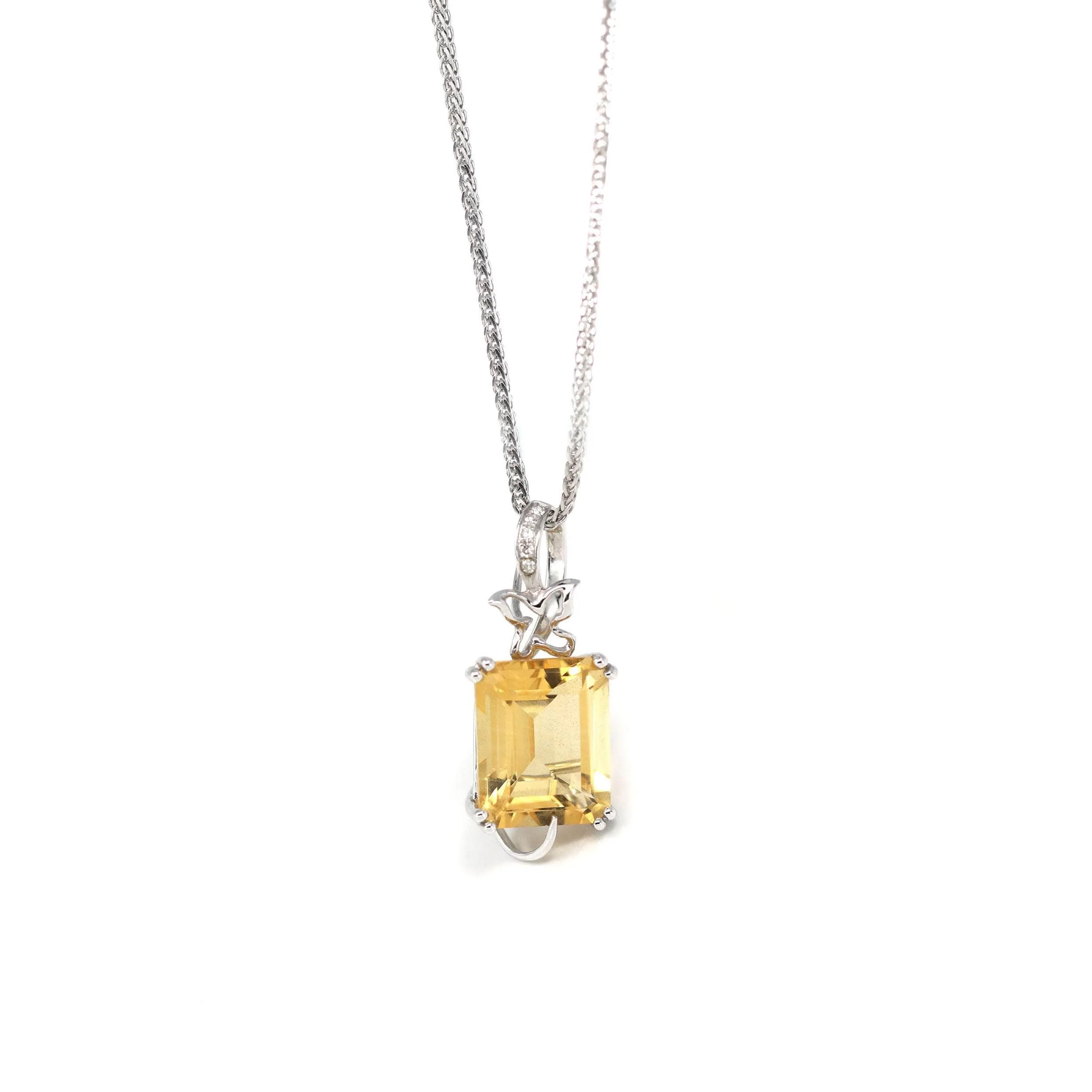 18k White Gold Genuine Citrine & Diamonds Pendant Necklace with Diamond