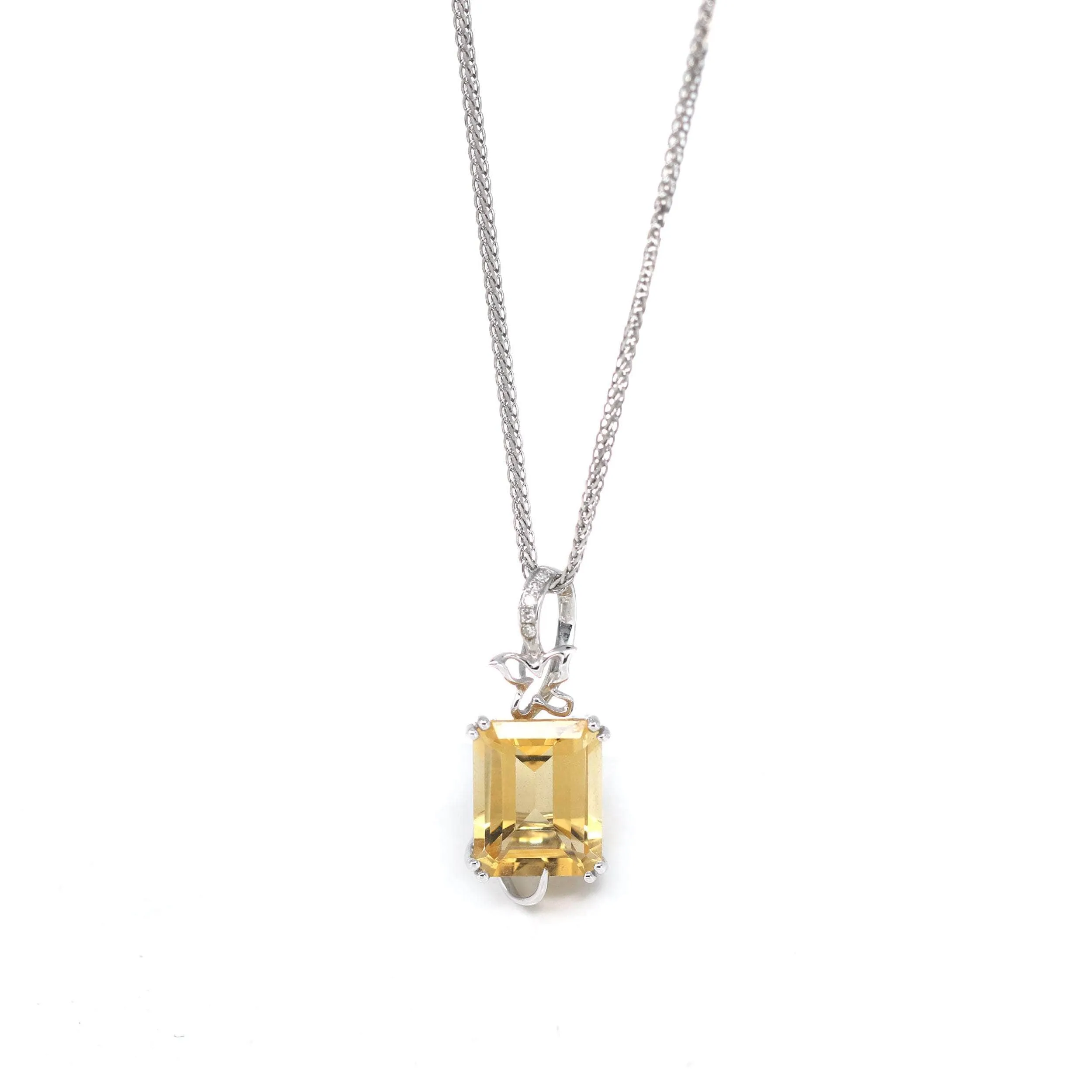 18k White Gold Genuine Citrine & Diamonds Pendant Necklace with Diamond