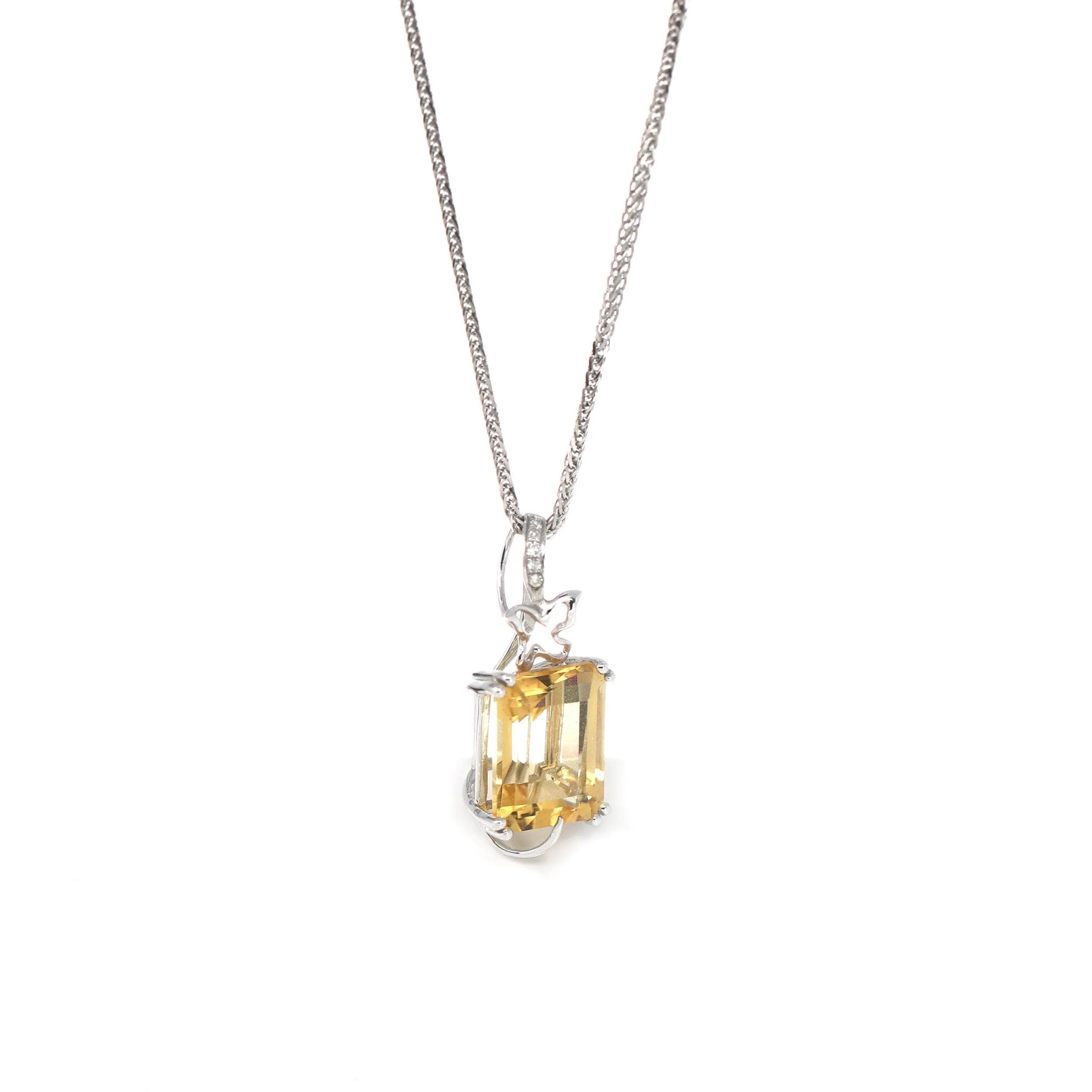 18k White Gold Genuine Citrine & Diamonds Pendant Necklace with Diamond