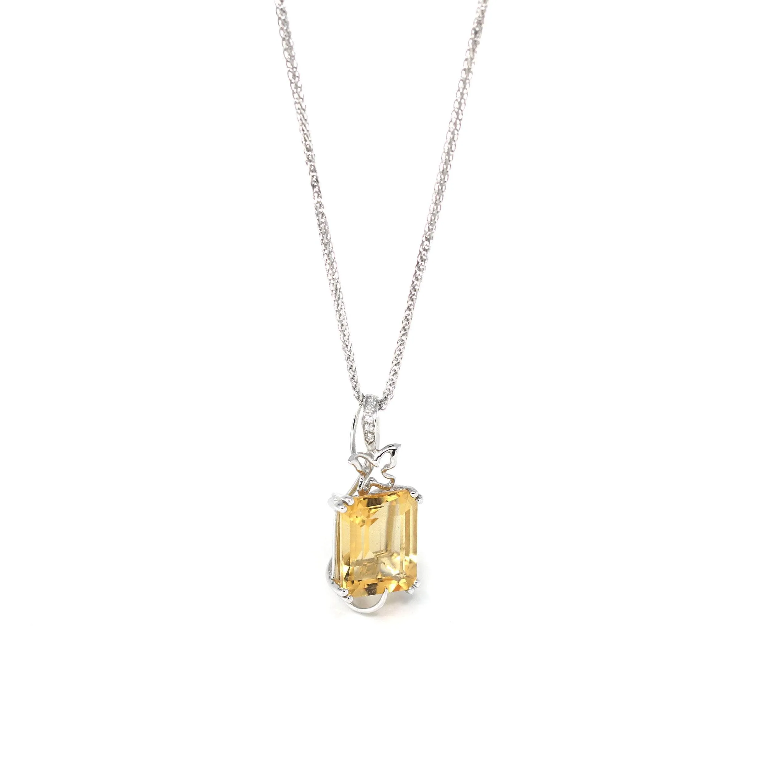 18k White Gold Genuine Citrine & Diamonds Pendant Necklace with Diamond