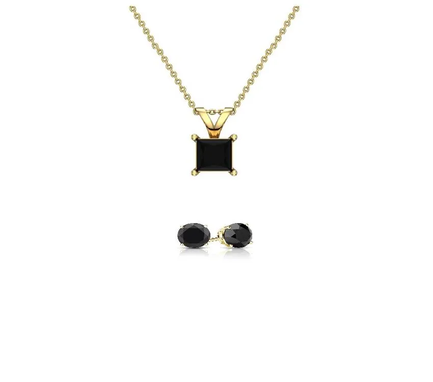 18K Yellow Gold 3ct Black Sapphire Princess Cut 18 Inch Necklace and Round Earrings Set Plated