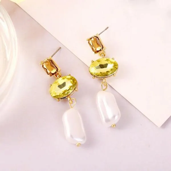 3 Stone Green Oval Cut Faux Pearl Dangle Earrings