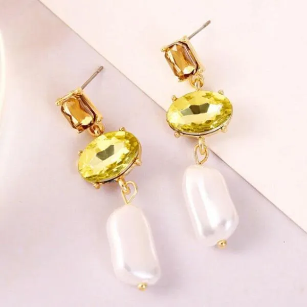 3 Stone Green Oval Cut Faux Pearl Dangle Earrings
