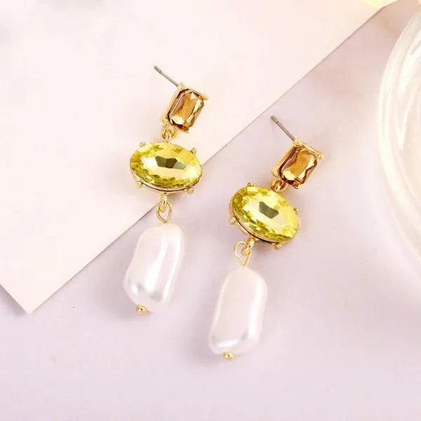 3 Stone Green Oval Cut Faux Pearl Dangle Earrings