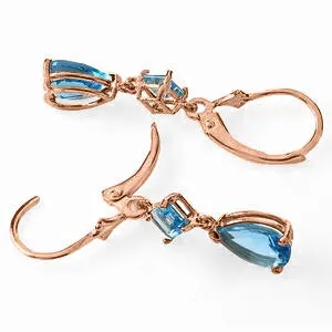 4.5 Carat 14K Solid Rose Gold Blue Topaz Leverback Drop Earrings