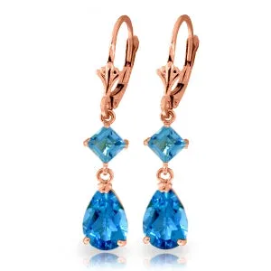 4.5 Carat 14K Solid Rose Gold Blue Topaz Leverback Drop Earrings