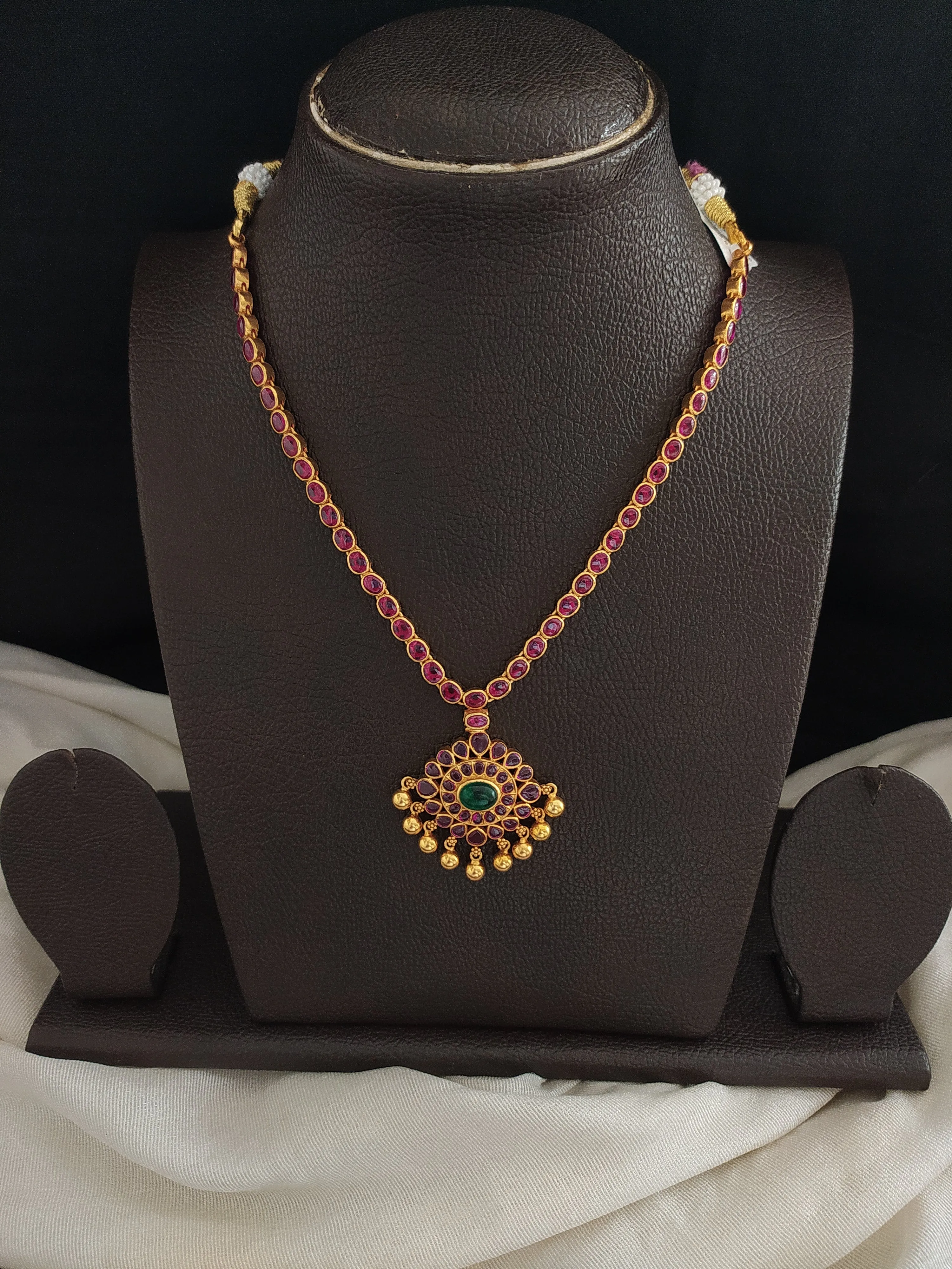 92.5 Pure Silver Ruby Necklace Having Center Emerald Stone