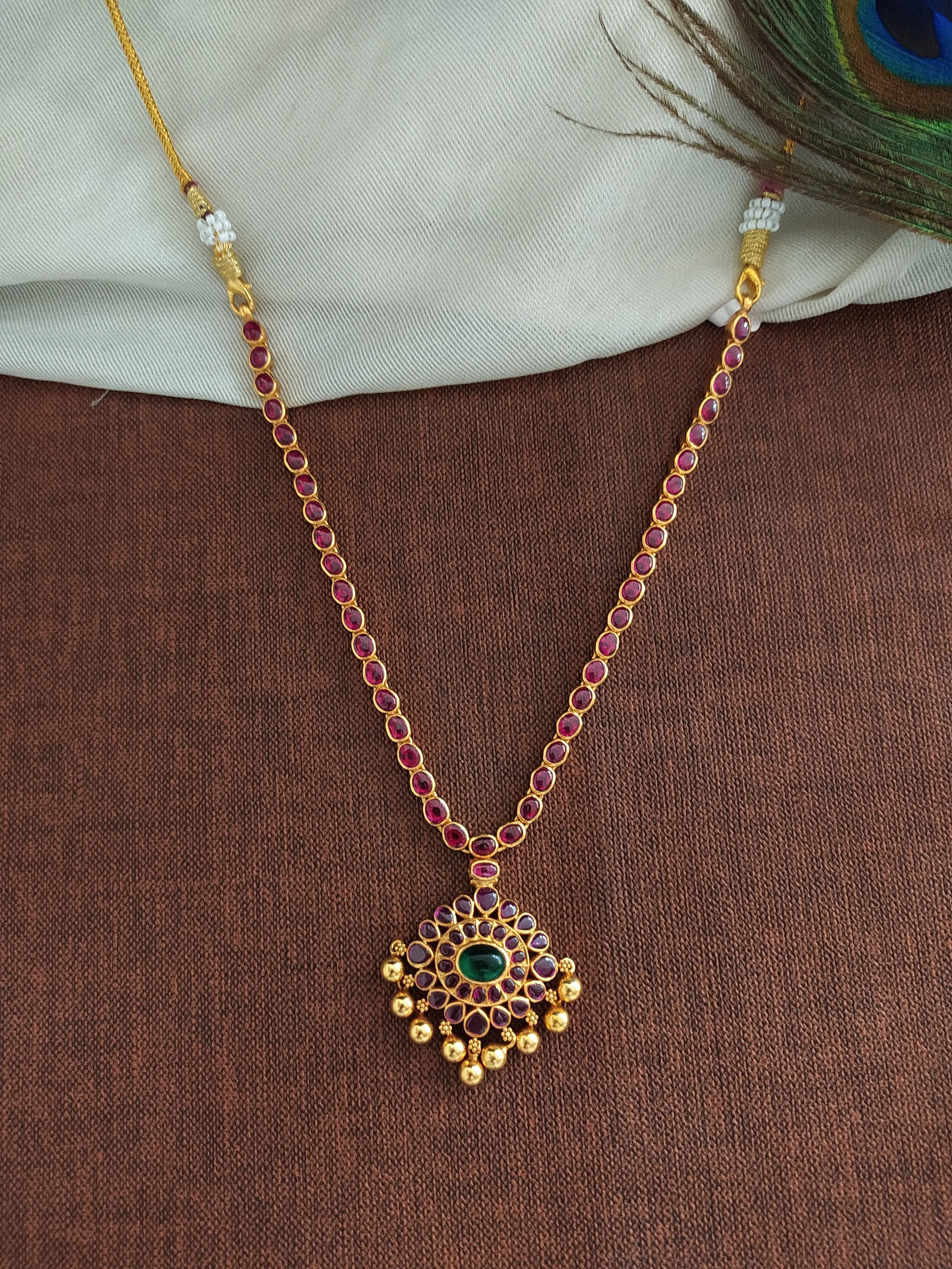 92.5 Pure Silver Ruby Necklace Having Center Emerald Stone