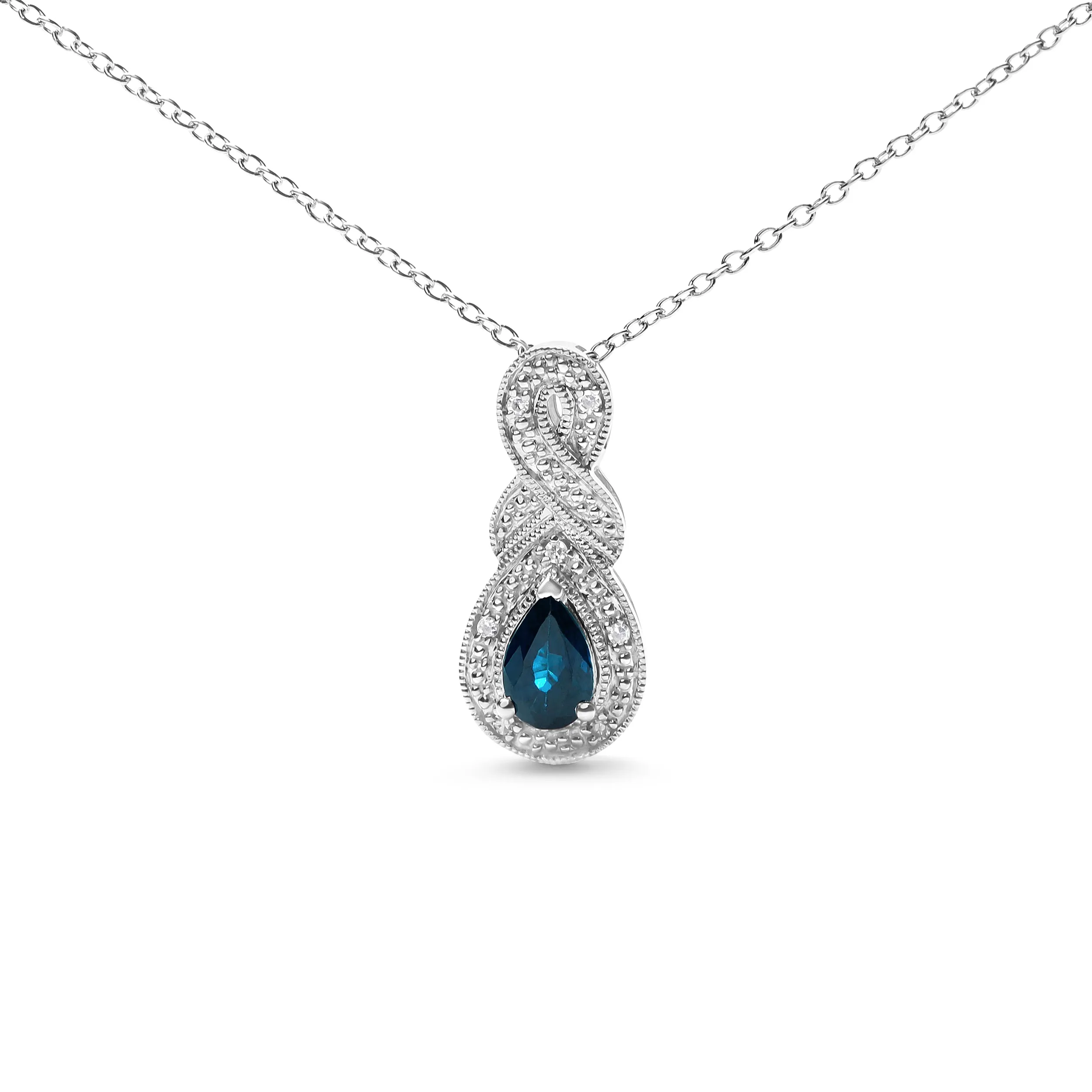 .925 Sterling Silver 6x4mm Pear Sapphire and Diamond Accent Infinity Drop 18" Pendant Necklace