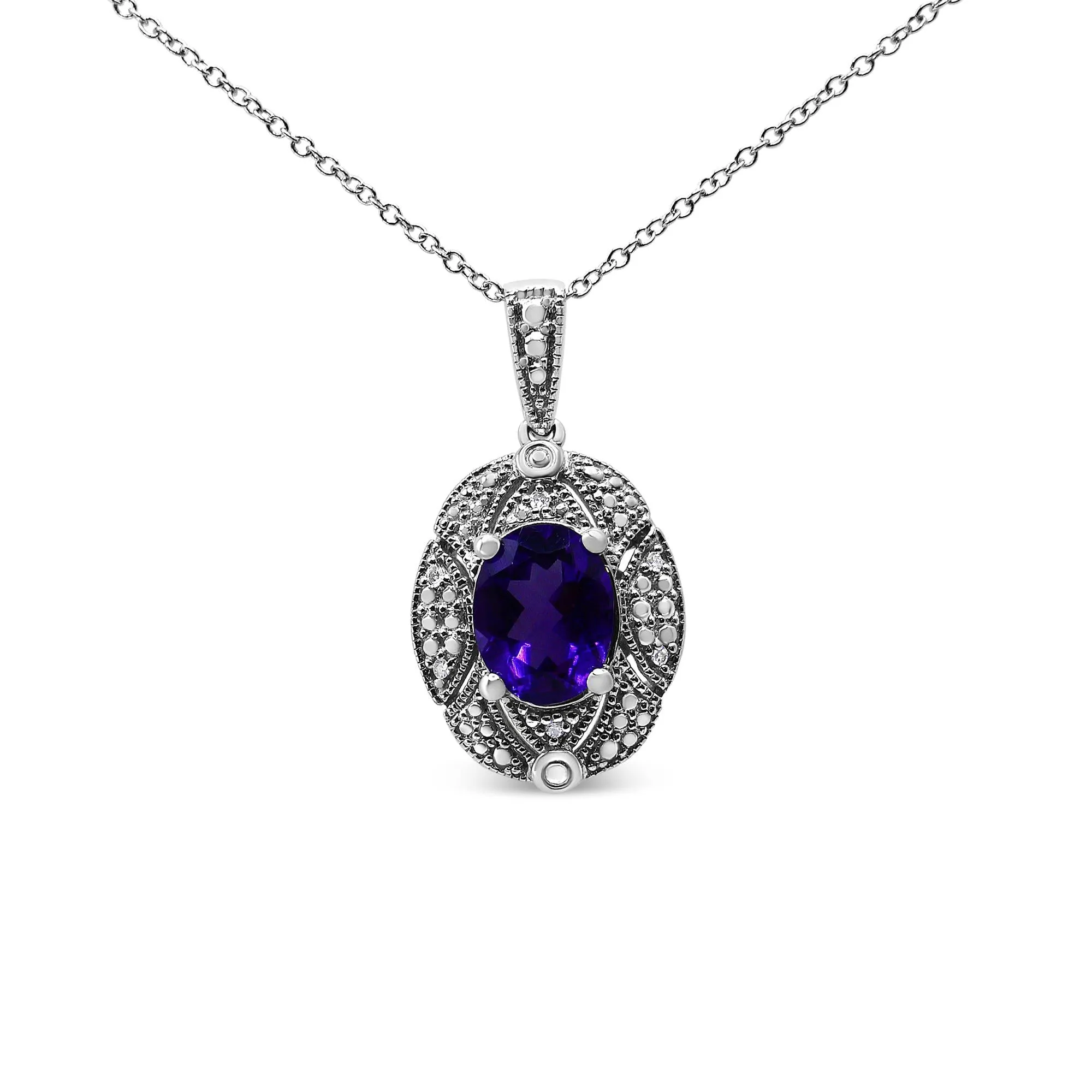 .925 Sterling Silver Diamond Accent and 9x7mm Purple Oval Amethyst Gemstone Pendant 18" Necklace (I-J Color, I1-I2 Clarity) by Infinite Jewels