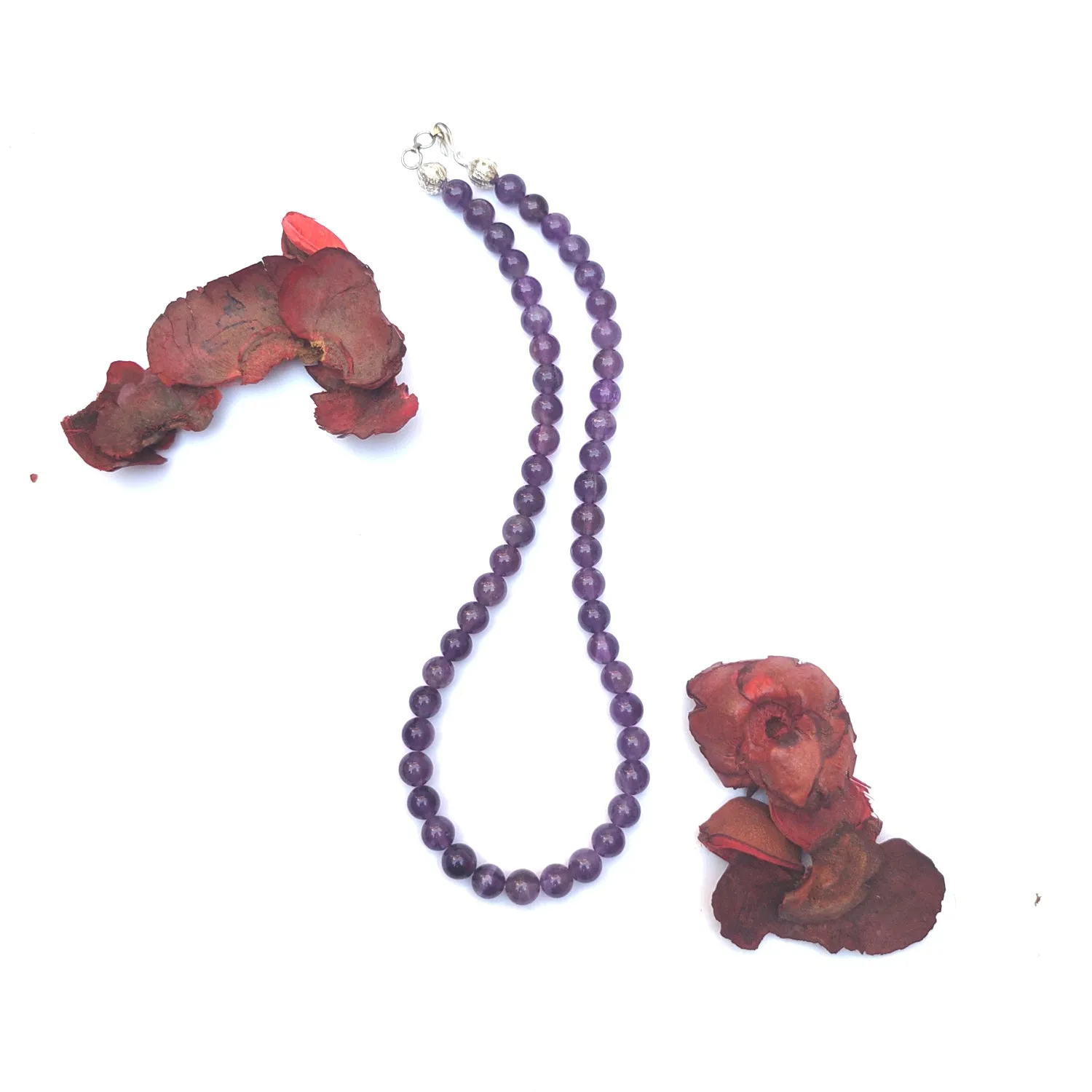 Amethyst Crystal Round Beads Necklace - 15 Inches, 8mm Beads (Semi-Precious Mala)