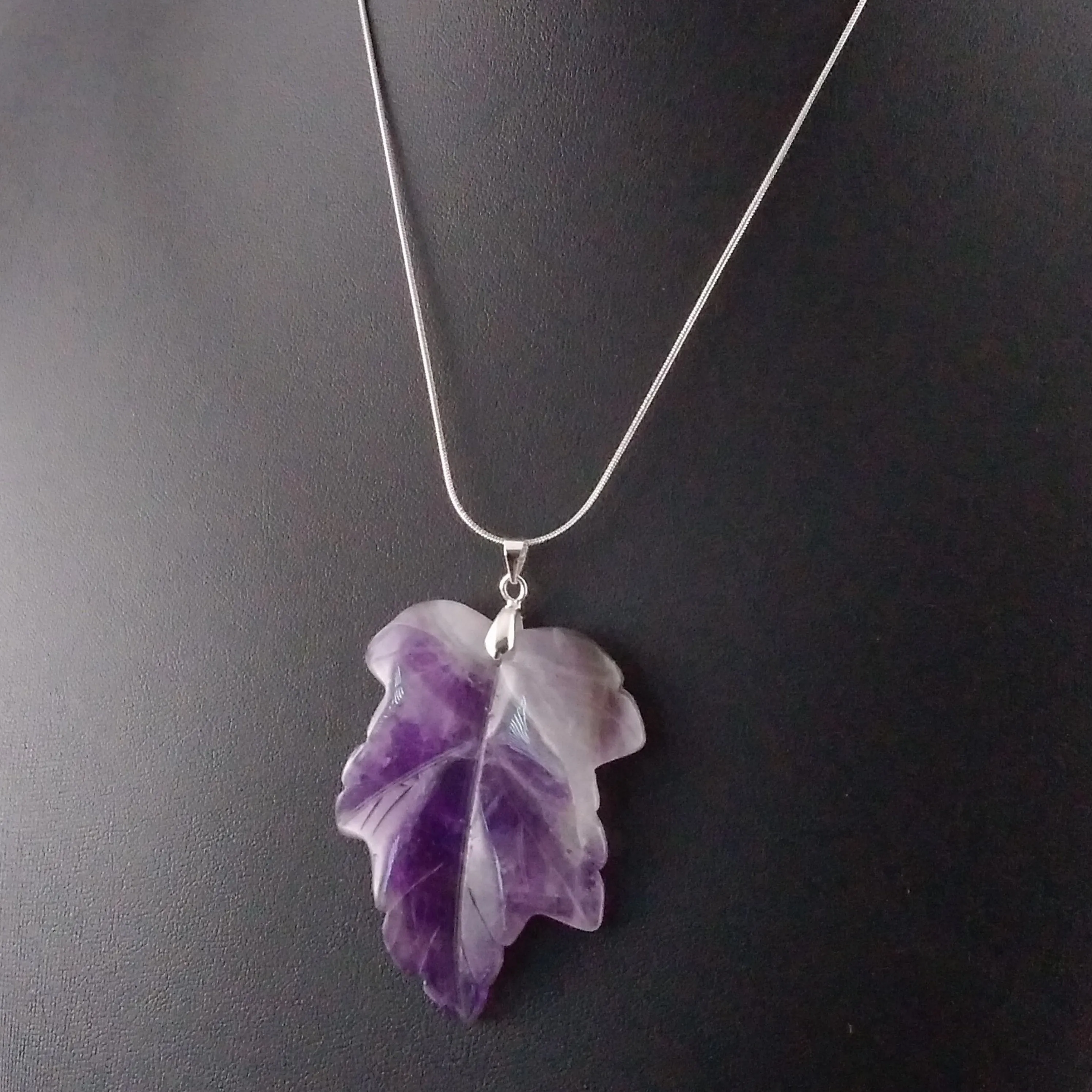 Amethyst Necklace Silver Carved Leaf