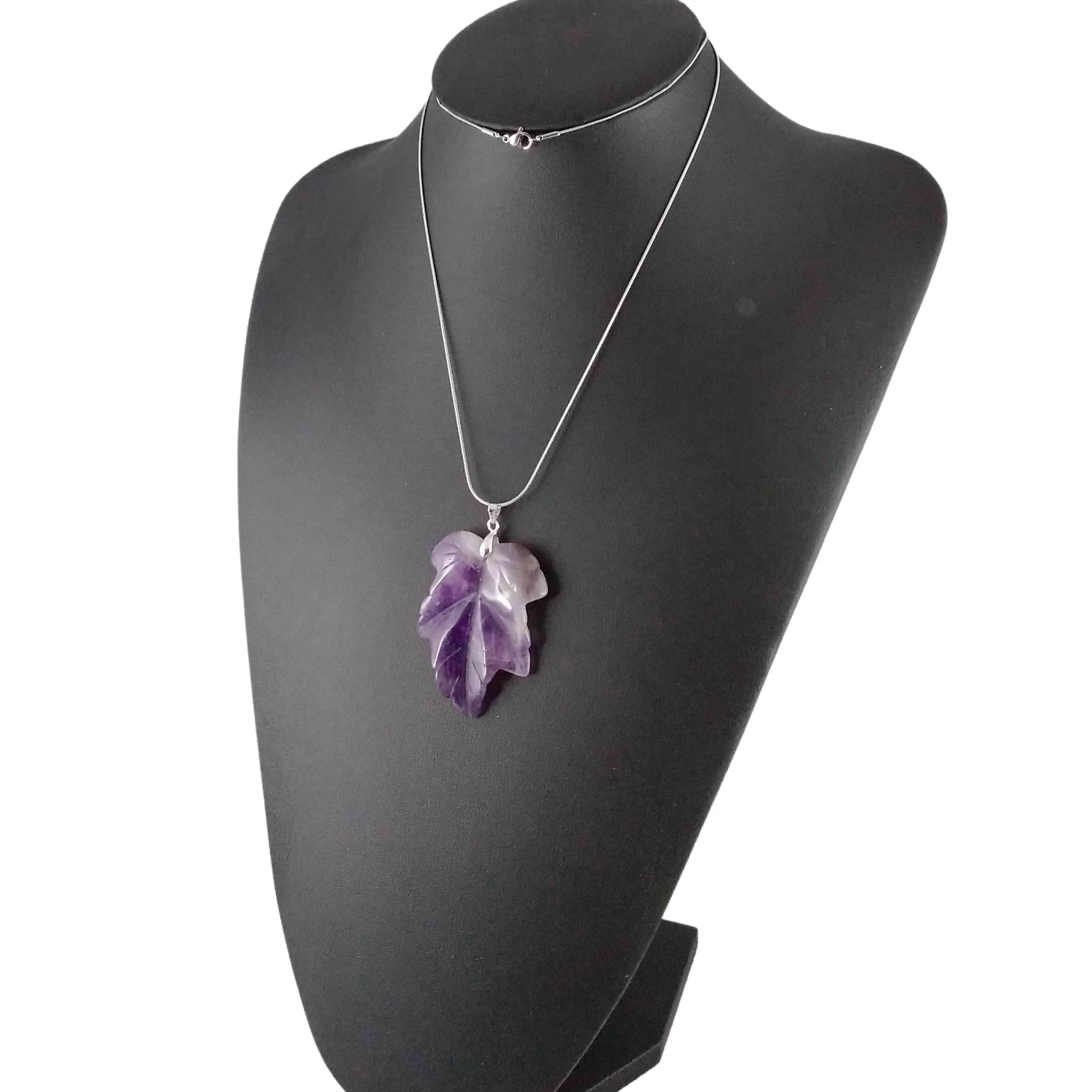 Amethyst Necklace Silver Carved Leaf