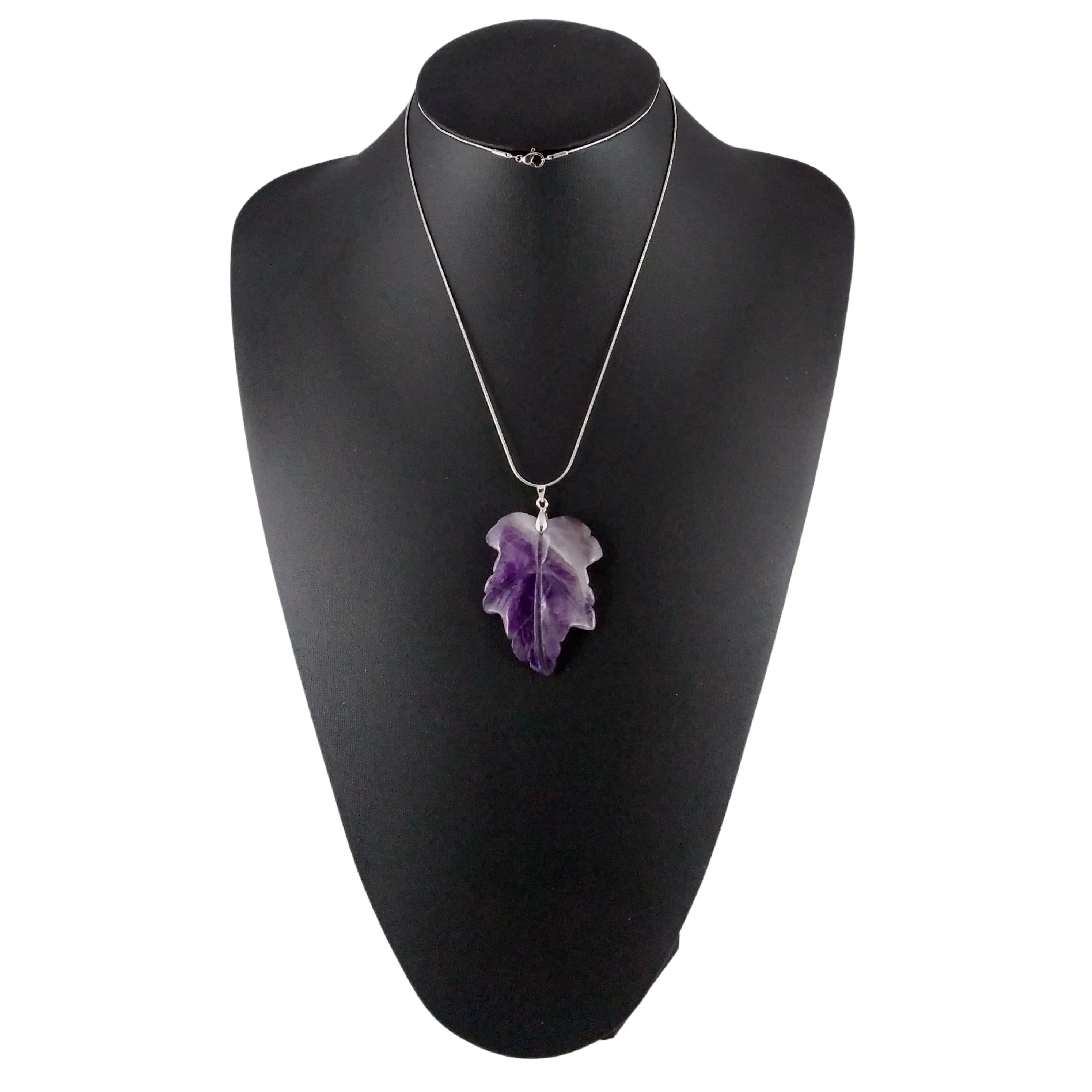 Amethyst Necklace Silver Carved Leaf