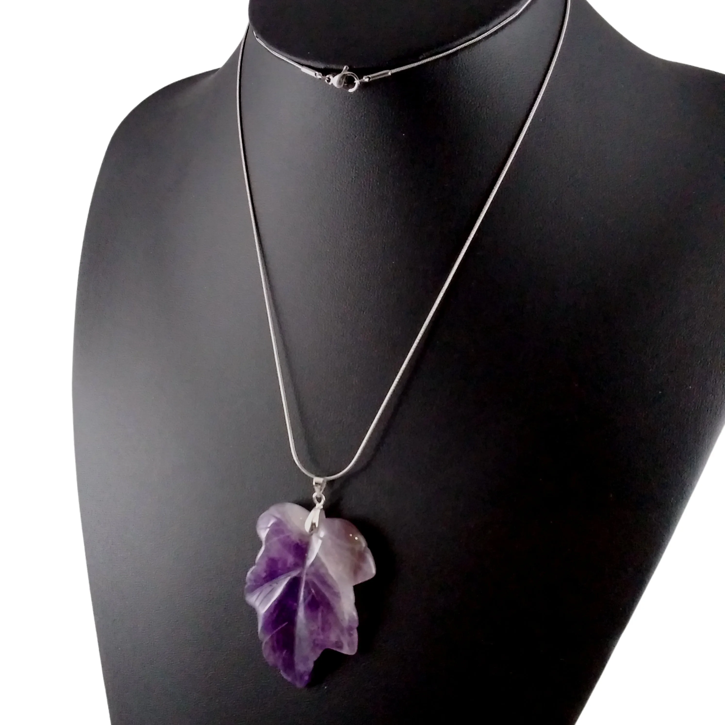 Amethyst Necklace Silver Carved Leaf