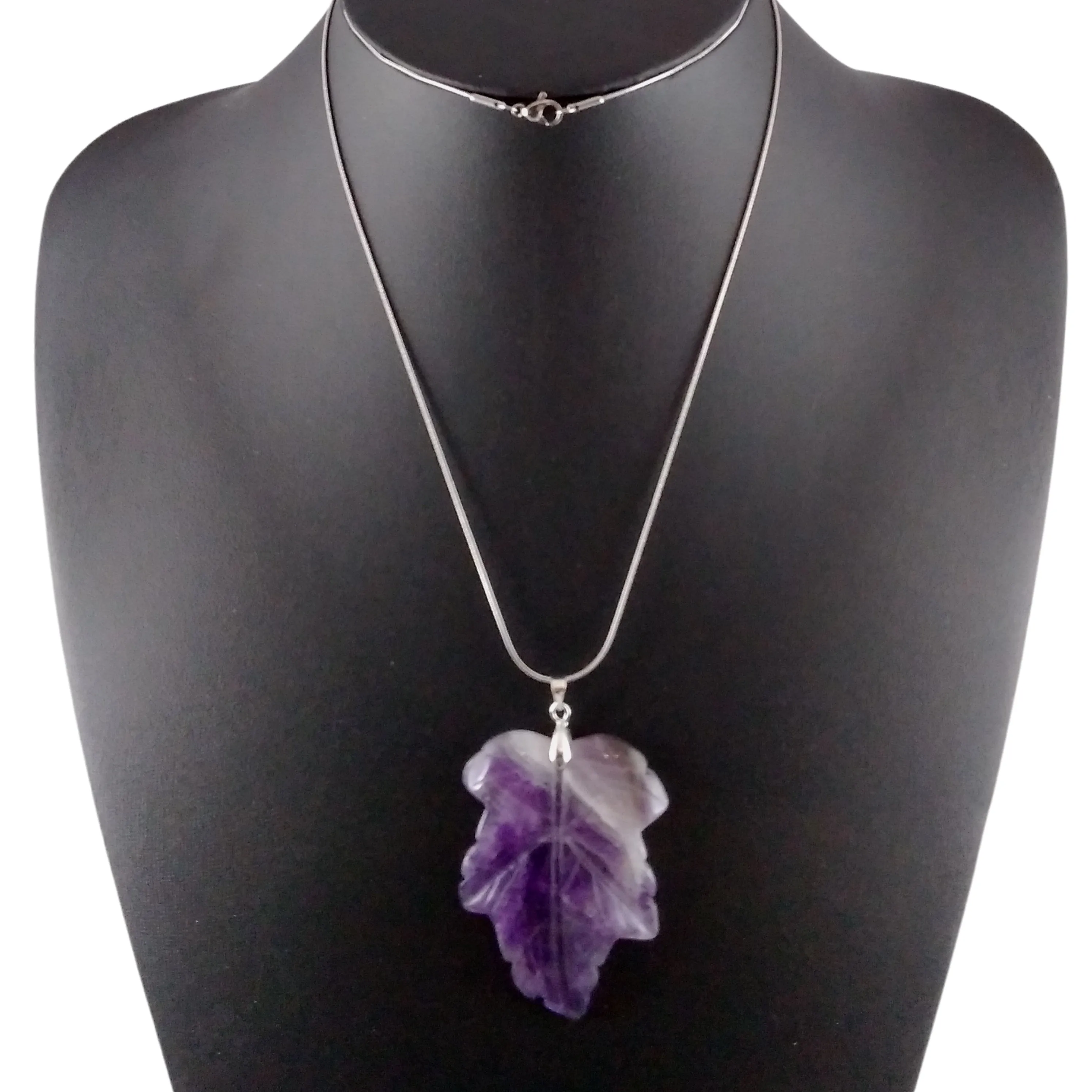 Amethyst Necklace Silver Carved Leaf