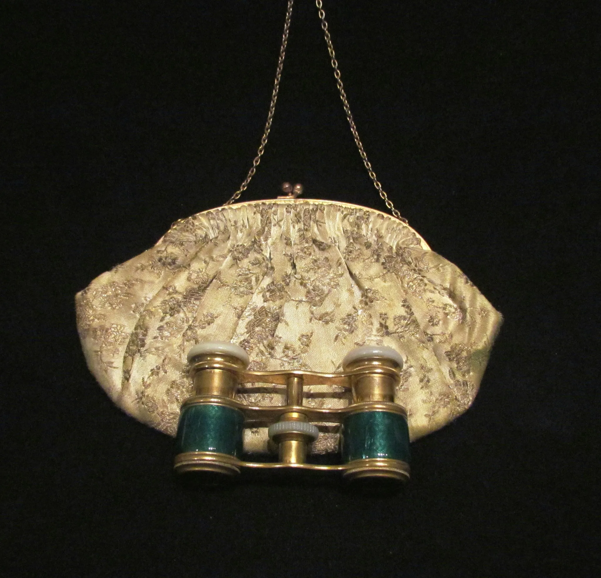Antique Green Guilloche Opera Glasses 1800s Theater Glasses Enamel Binoculars With A French Silk Purse