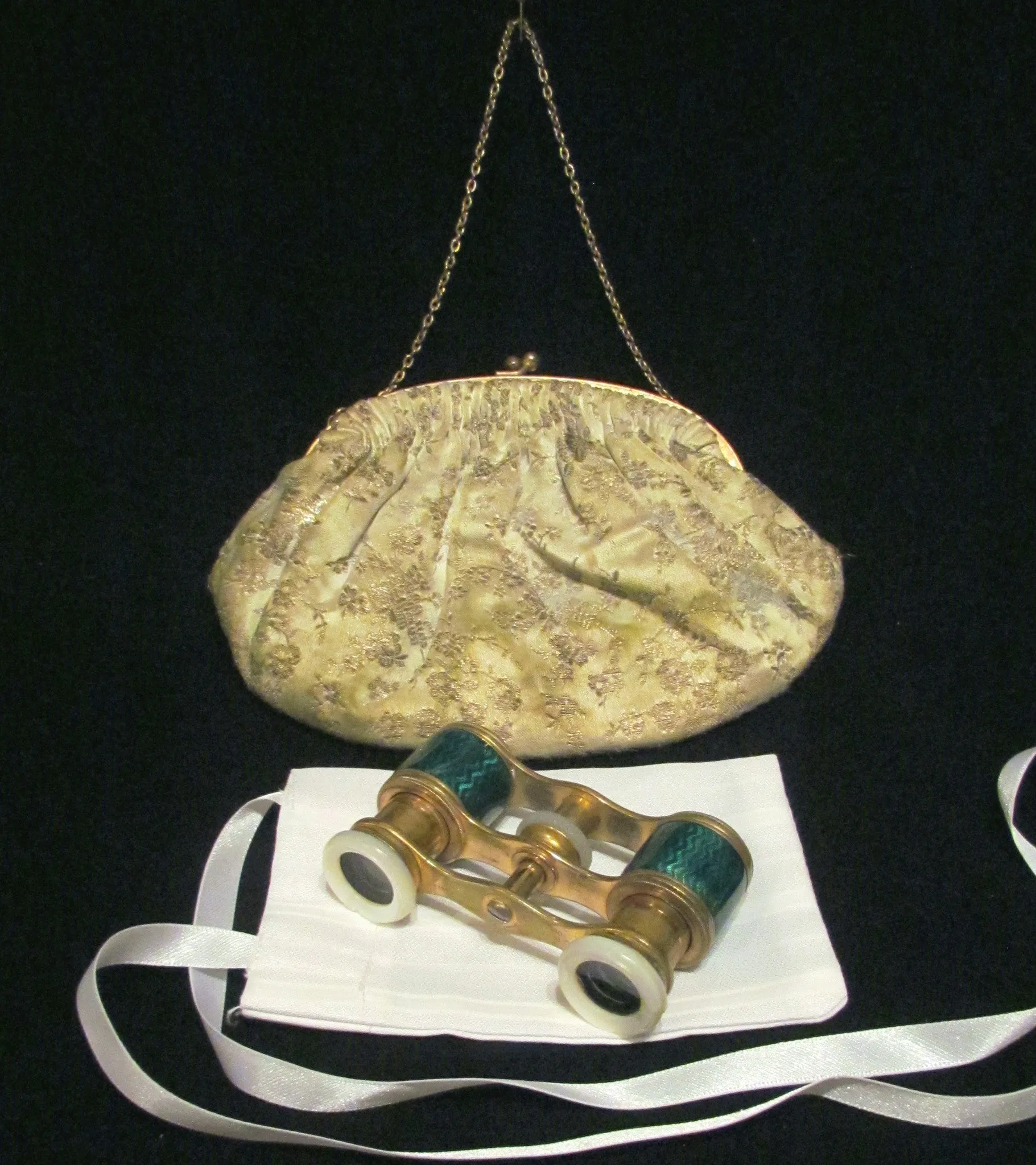 Antique Green Guilloche Opera Glasses 1800s Theater Glasses Enamel Binoculars With A French Silk Purse