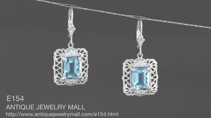 Art Deco Filigree Blue Topaz Drop Earrings in Sterling Silver