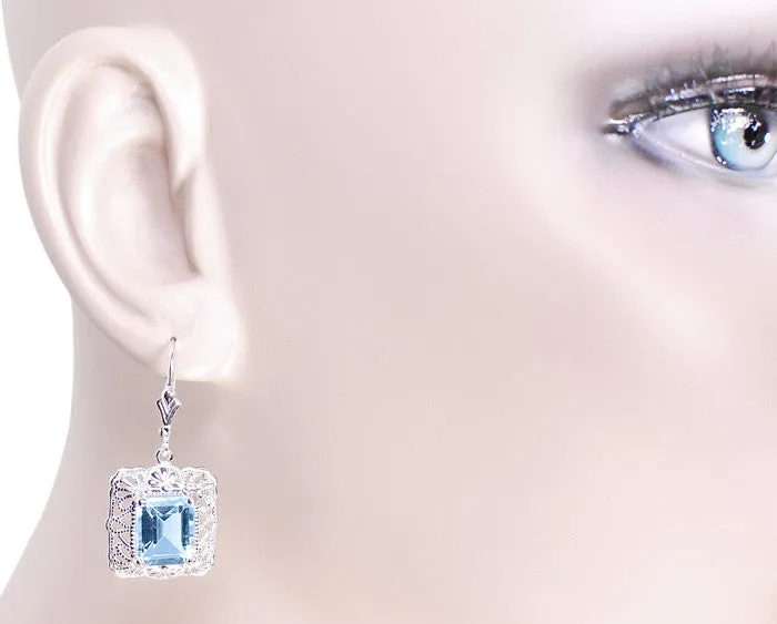 Art Deco Filigree Blue Topaz Drop Earrings in Sterling Silver