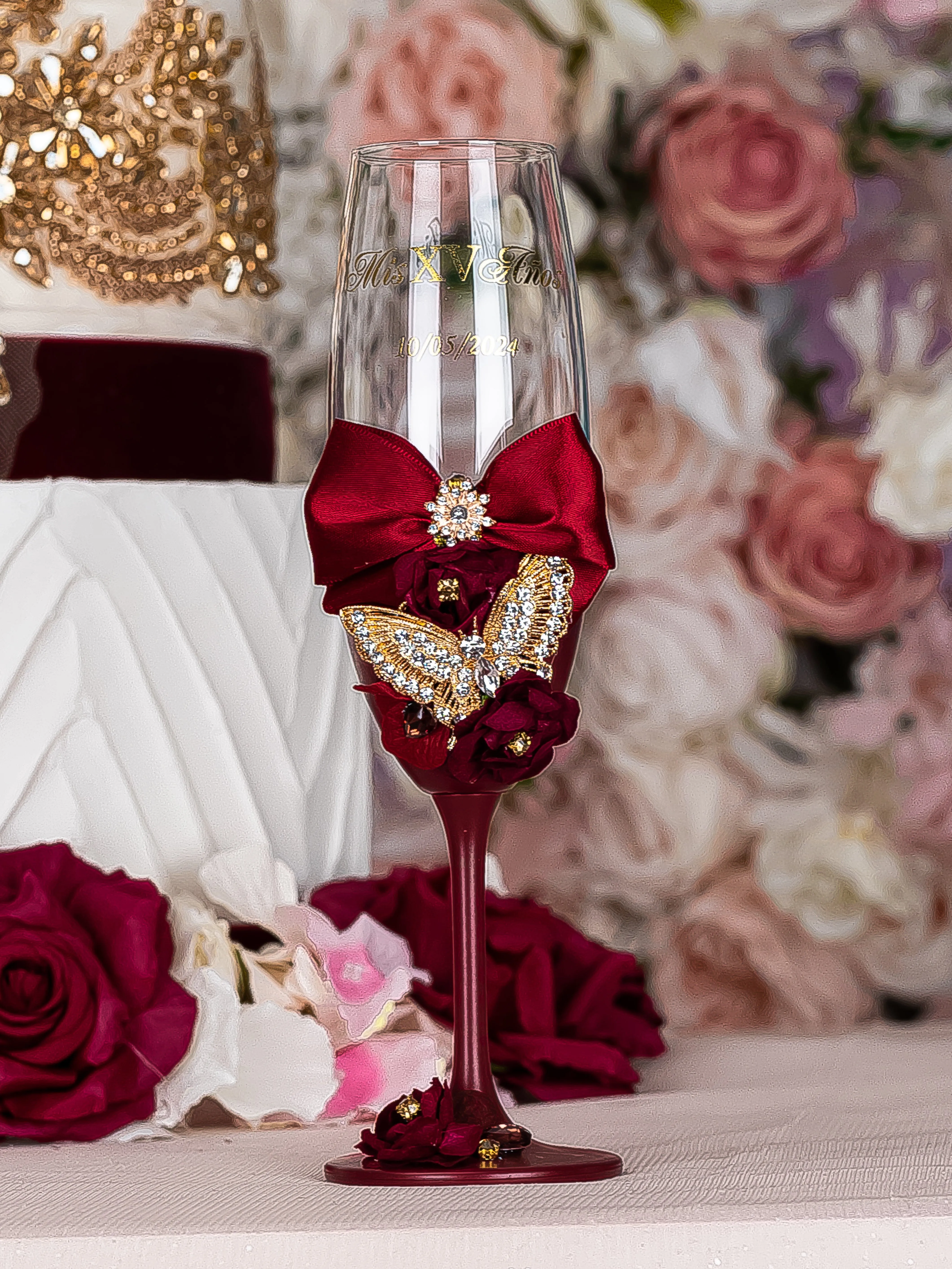 Burgundy with butterflies 16 quinceanera champagne glasses