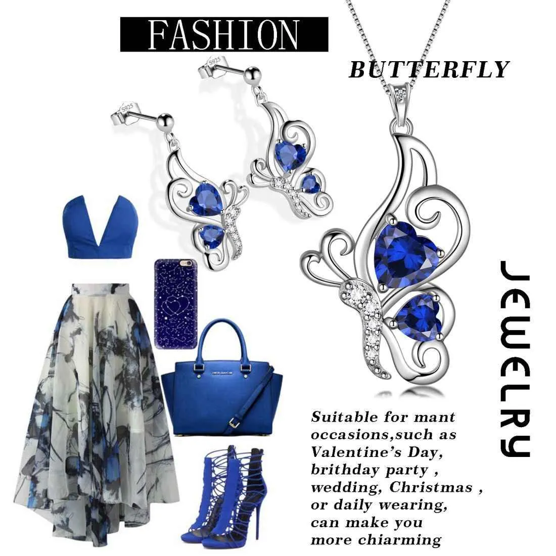 Butterfly Birthstone September Sapphire Jewelry Set 3PCS Women Girls Birthday Gift