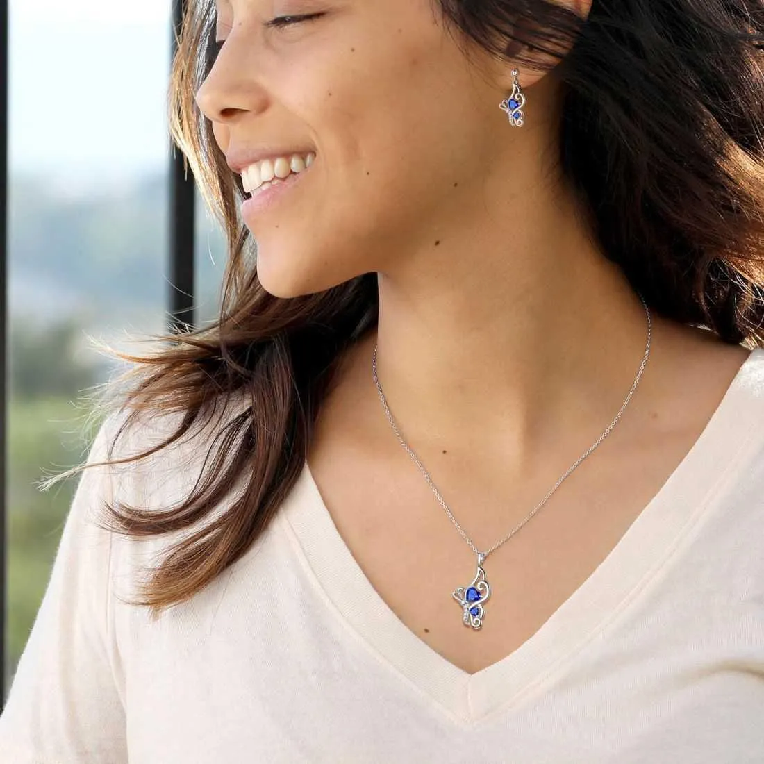 Butterfly Birthstone September Sapphire Jewelry Set 3PCS Women Girls Birthday Gift