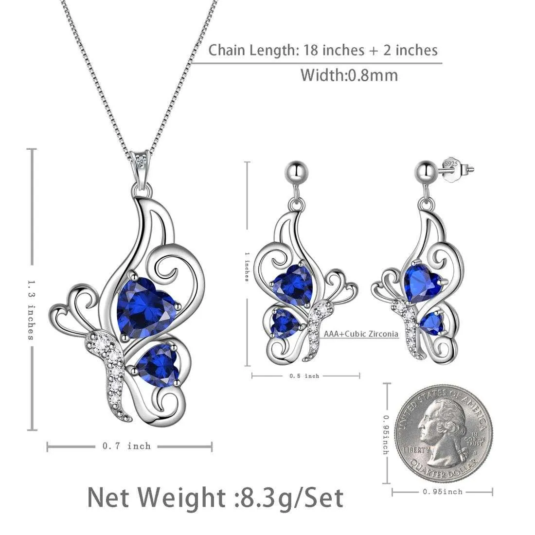 Butterfly Birthstone September Sapphire Jewelry Set 3PCS Women Girls Birthday Gift