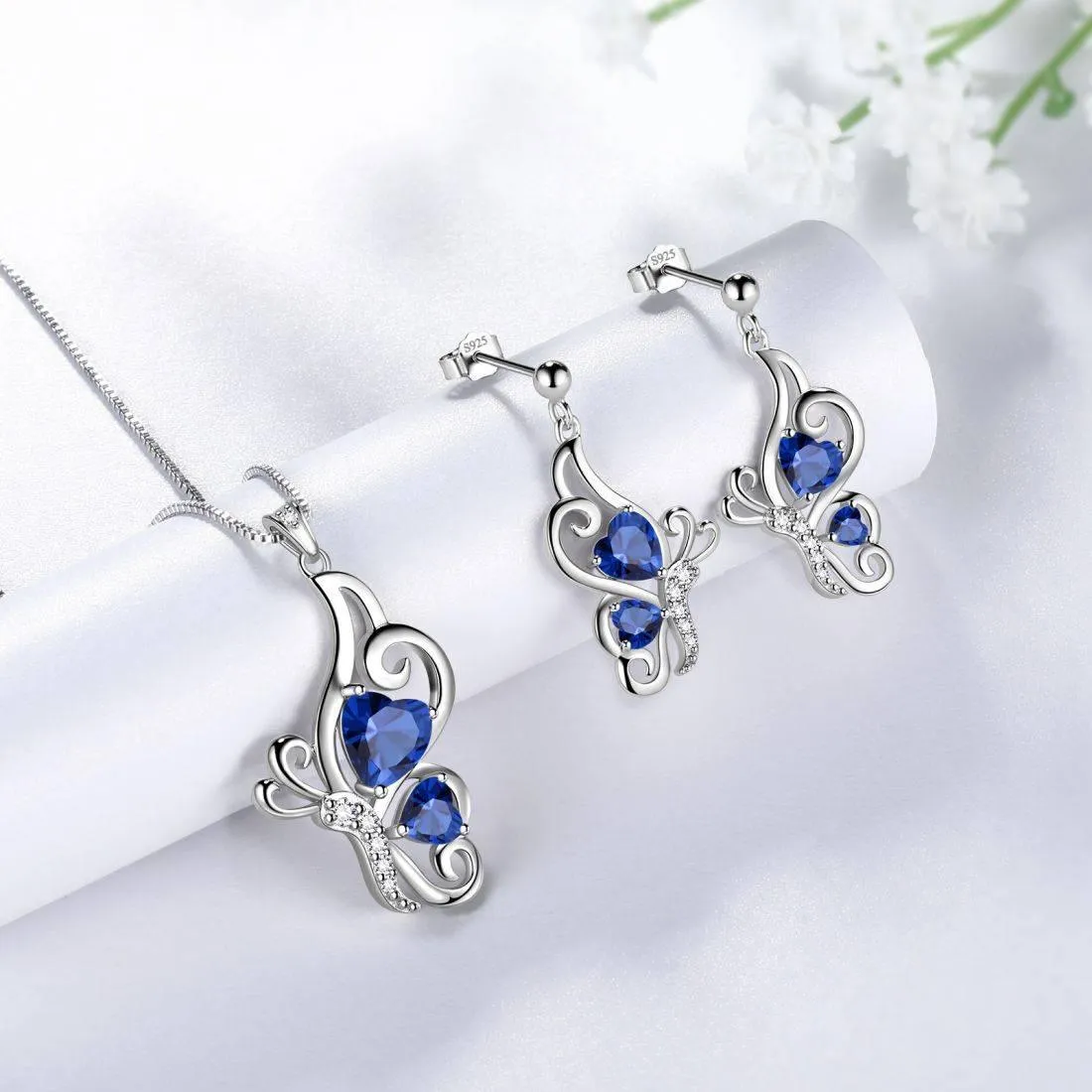 Butterfly Birthstone September Sapphire Jewelry Set 3PCS Women Girls Birthday Gift