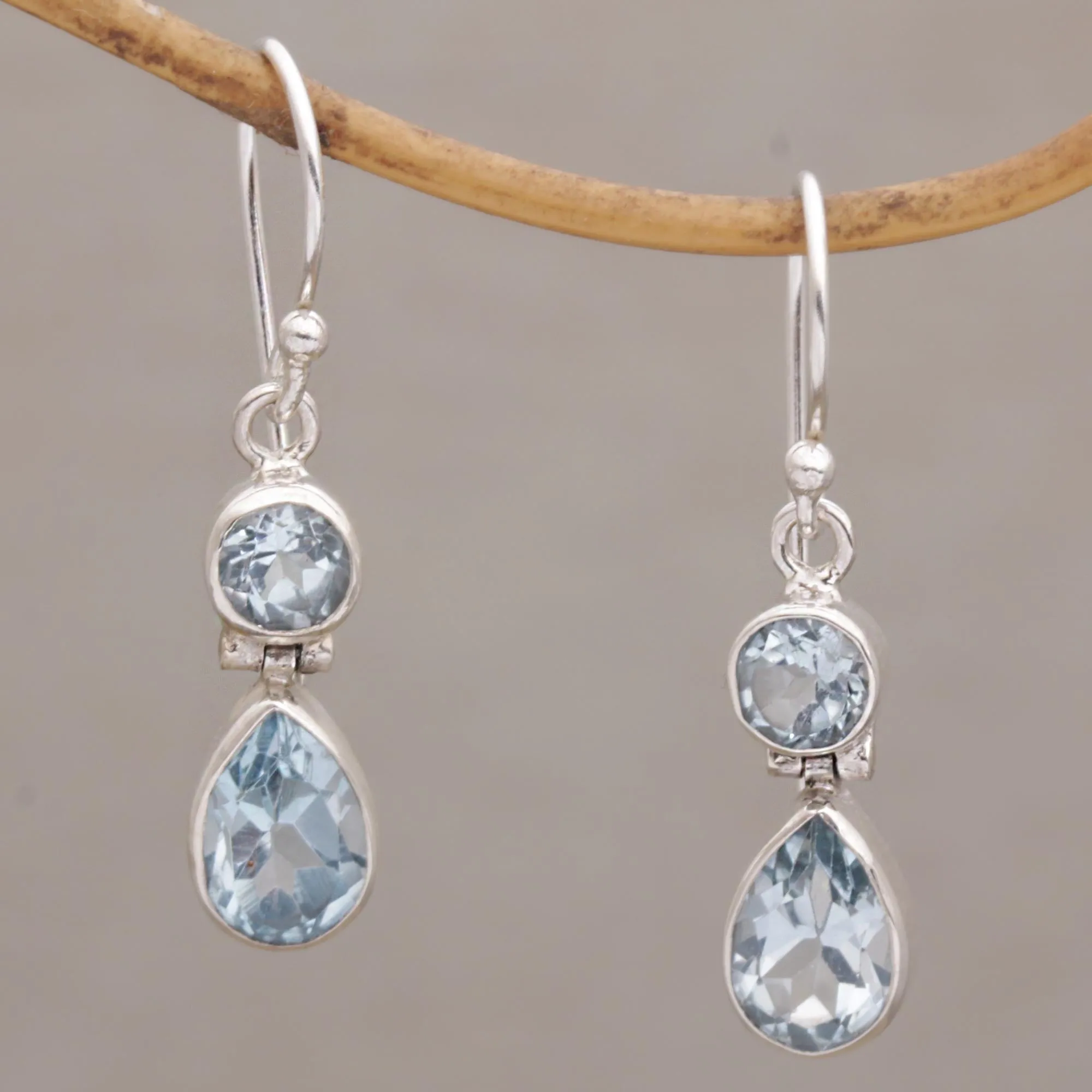 Double Drops Blue Topaz & Silver Dangle Earrings