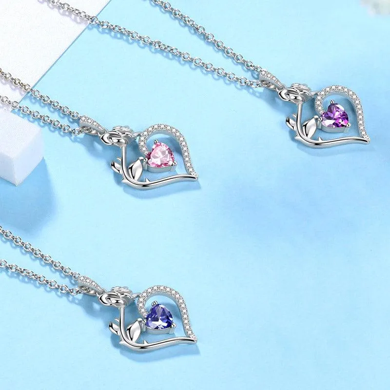 February Amethyst Necklace Women Heart Birthstone Pendant Flower Rose Jewelry Birthday Gifts