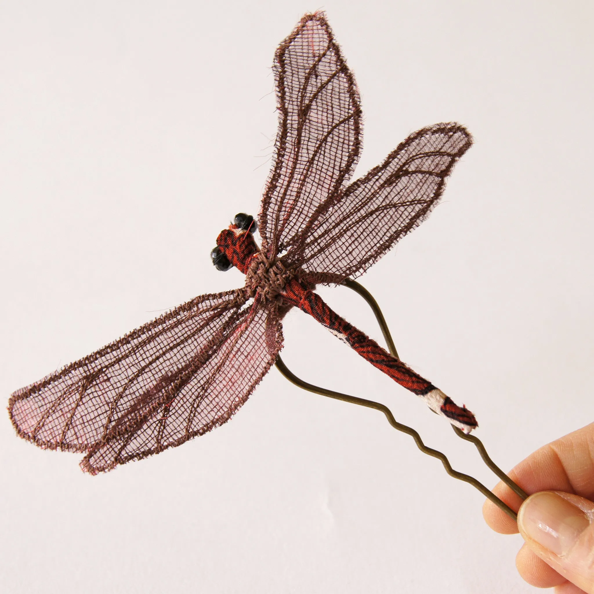 Fiber Art Dragonfly hair fork or brooch red and brown