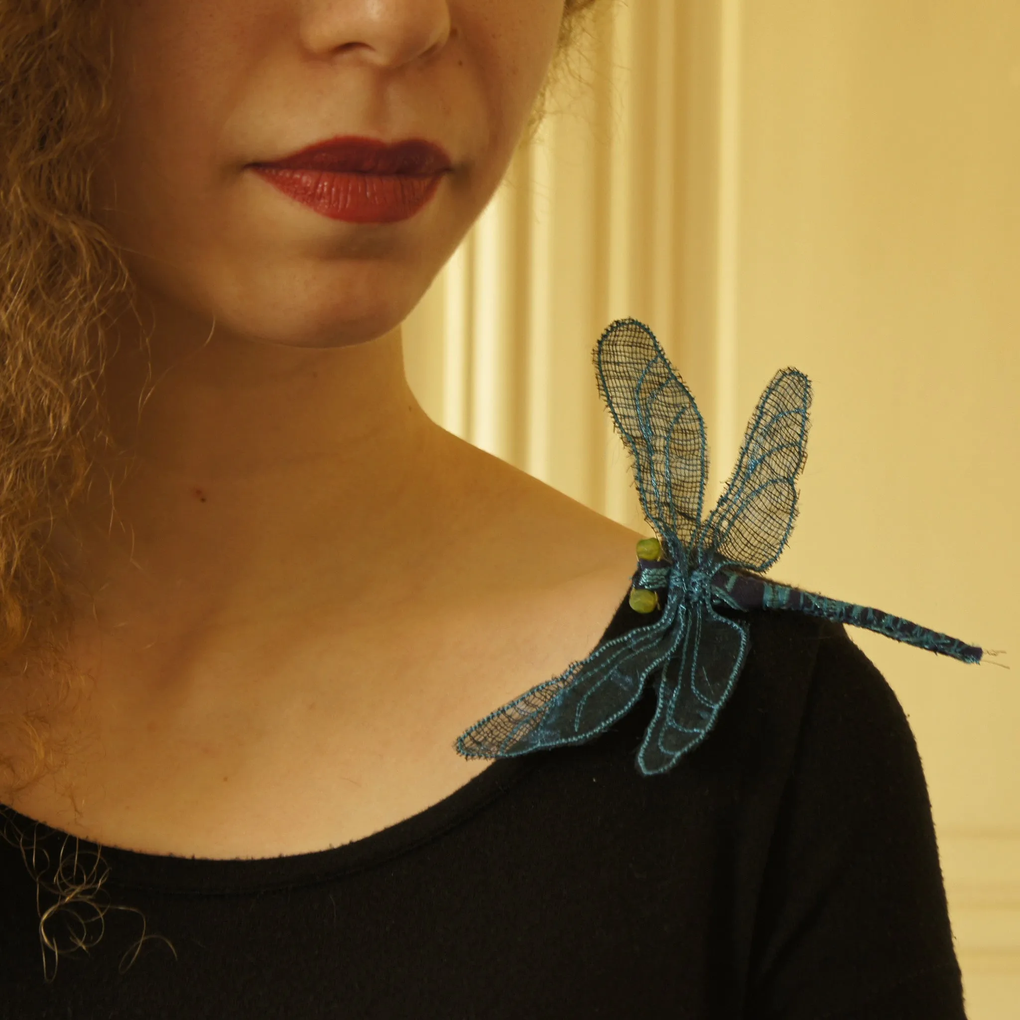 Fiber Art Dragonfly hair fork or brooch red and brown