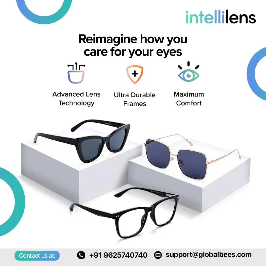 Intellilens® Square Blue Cut Computer Glasses for Eye Protection | Zero Power, Anti Glare & Blue Light Filter Glasses | Frames & Blue Cut Lenses (Black) Pack of 5
