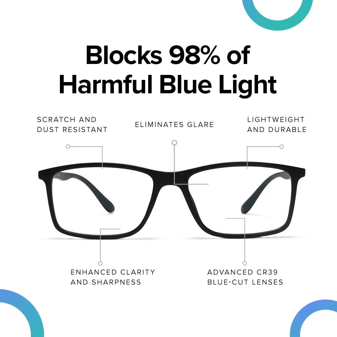 Intellilens® Square Blue Cut Computer Glasses for Eye Protection | Zero Power, Anti Glare & Blue Light Filter Glasses | Frames & Blue Cut Lenses (Black) Pack of 5