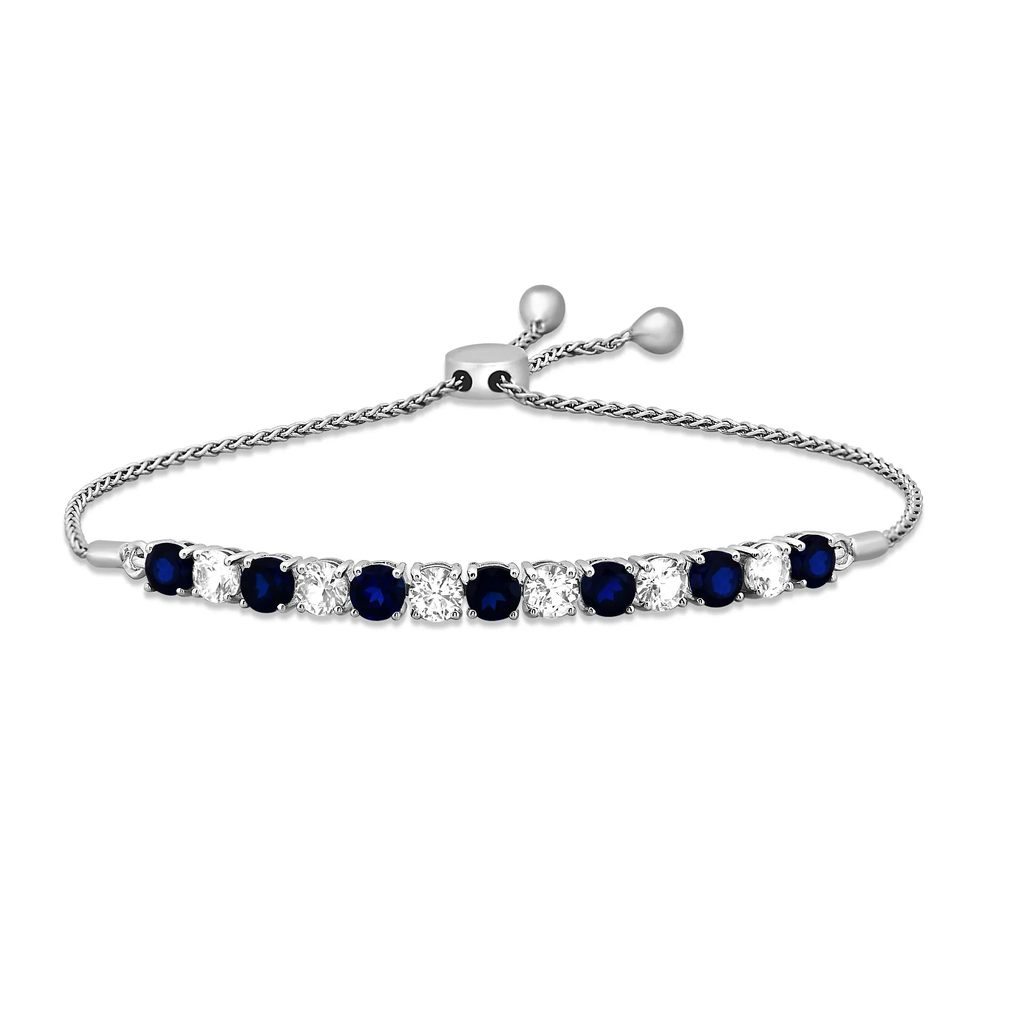 Jewelili Sterling Silver With Created Blue Sapphire and Created White Sapphire Bolo Bracelet