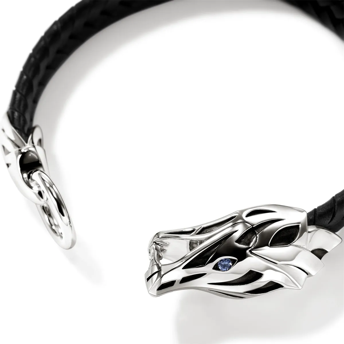 John Hardy Naga Silver 10mm Leather Bracelet with Blue Sapphire