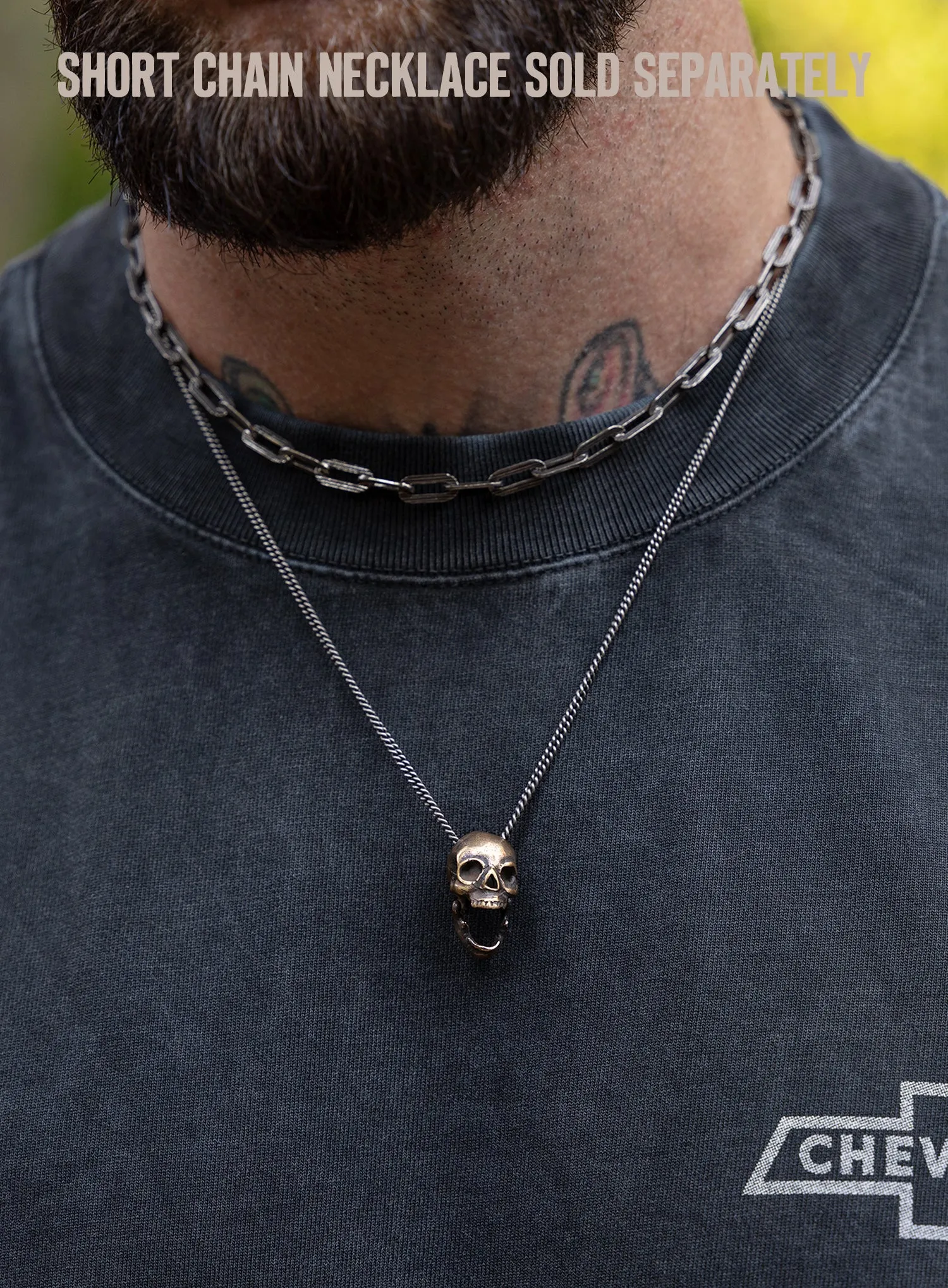 Open Jaw Skull Necklace in Bronze with Oxidized Sterling Silver Chain