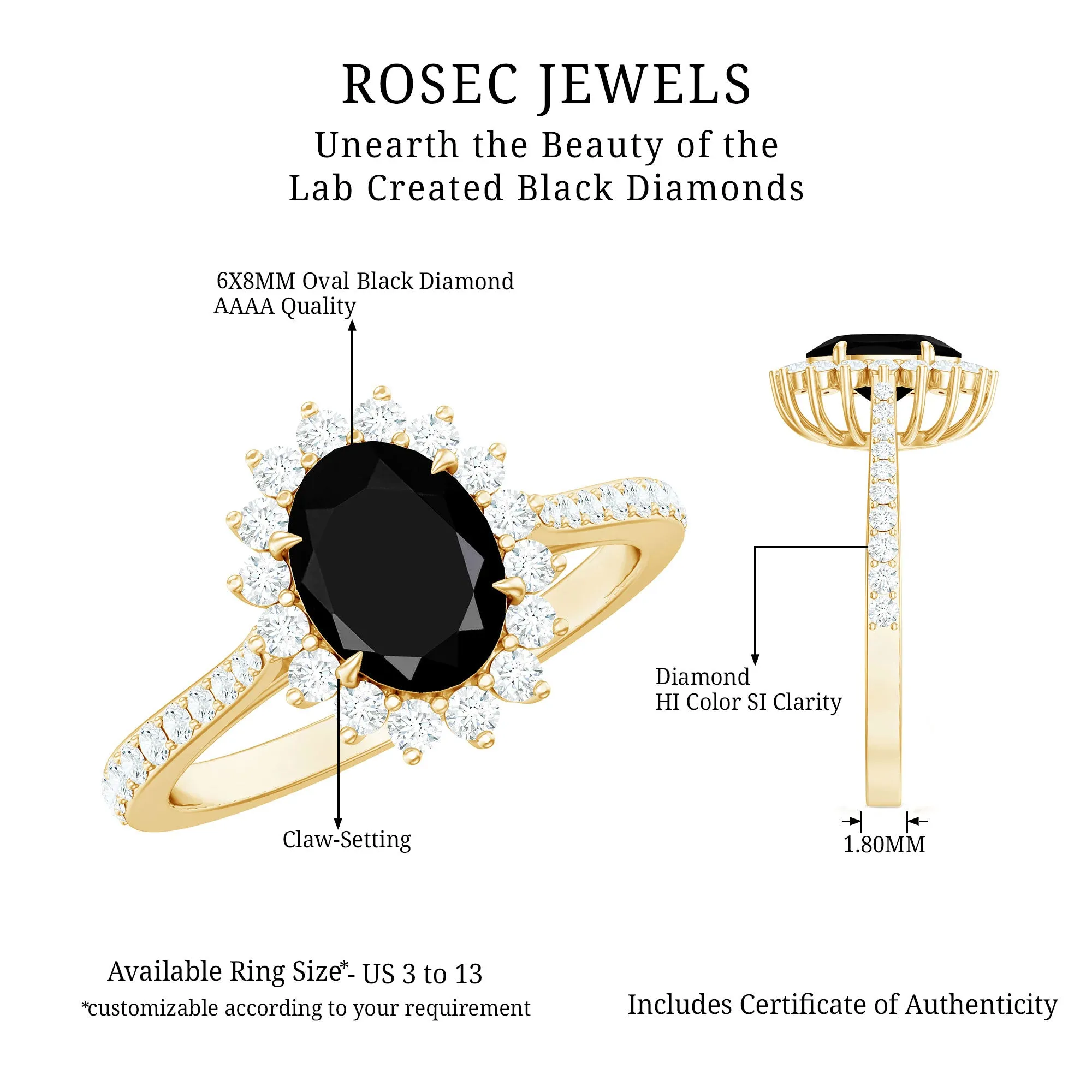 Oval Cut Lab Grown Black Diamond and Diamond Halo Engagement Ring