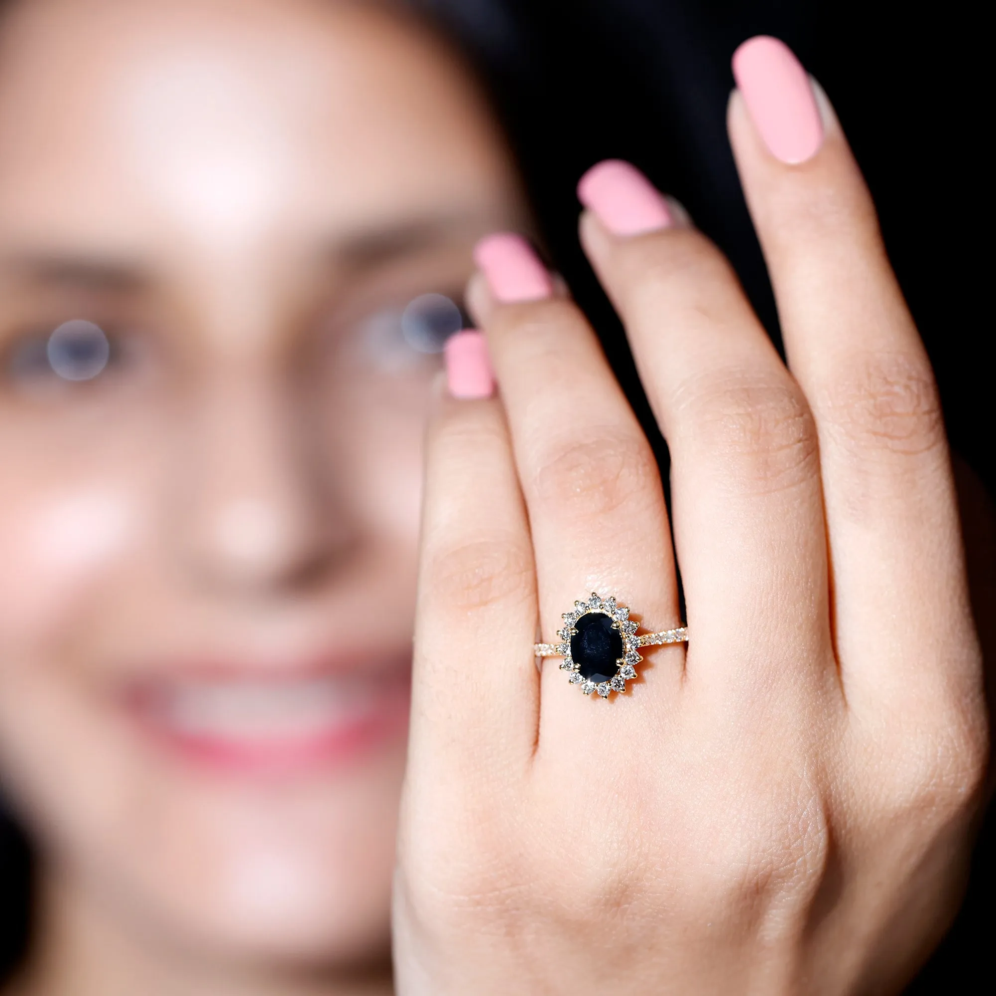 Oval Cut Lab Grown Black Diamond and Diamond Halo Engagement Ring
