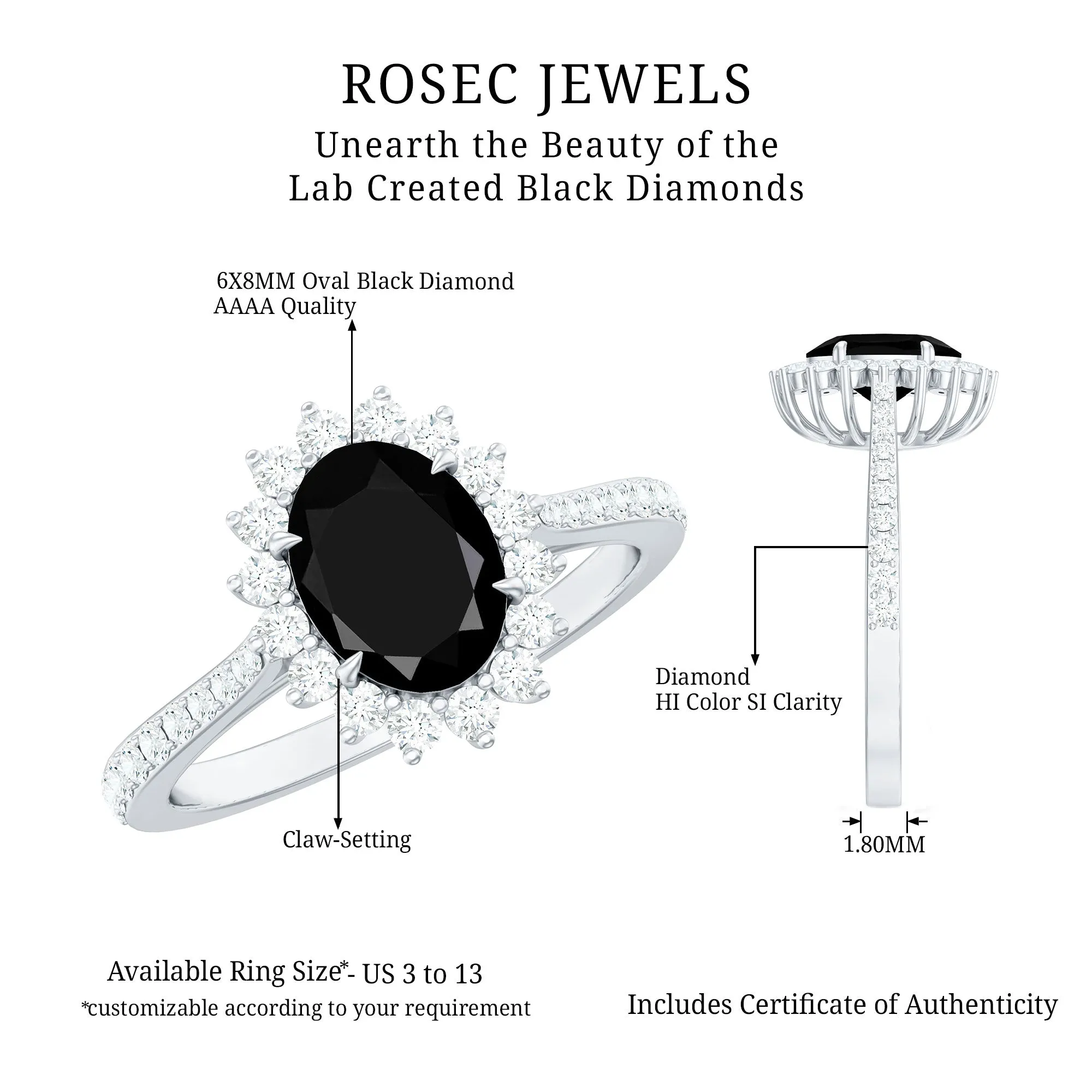 Oval Cut Lab Grown Black Diamond and Diamond Halo Engagement Ring
