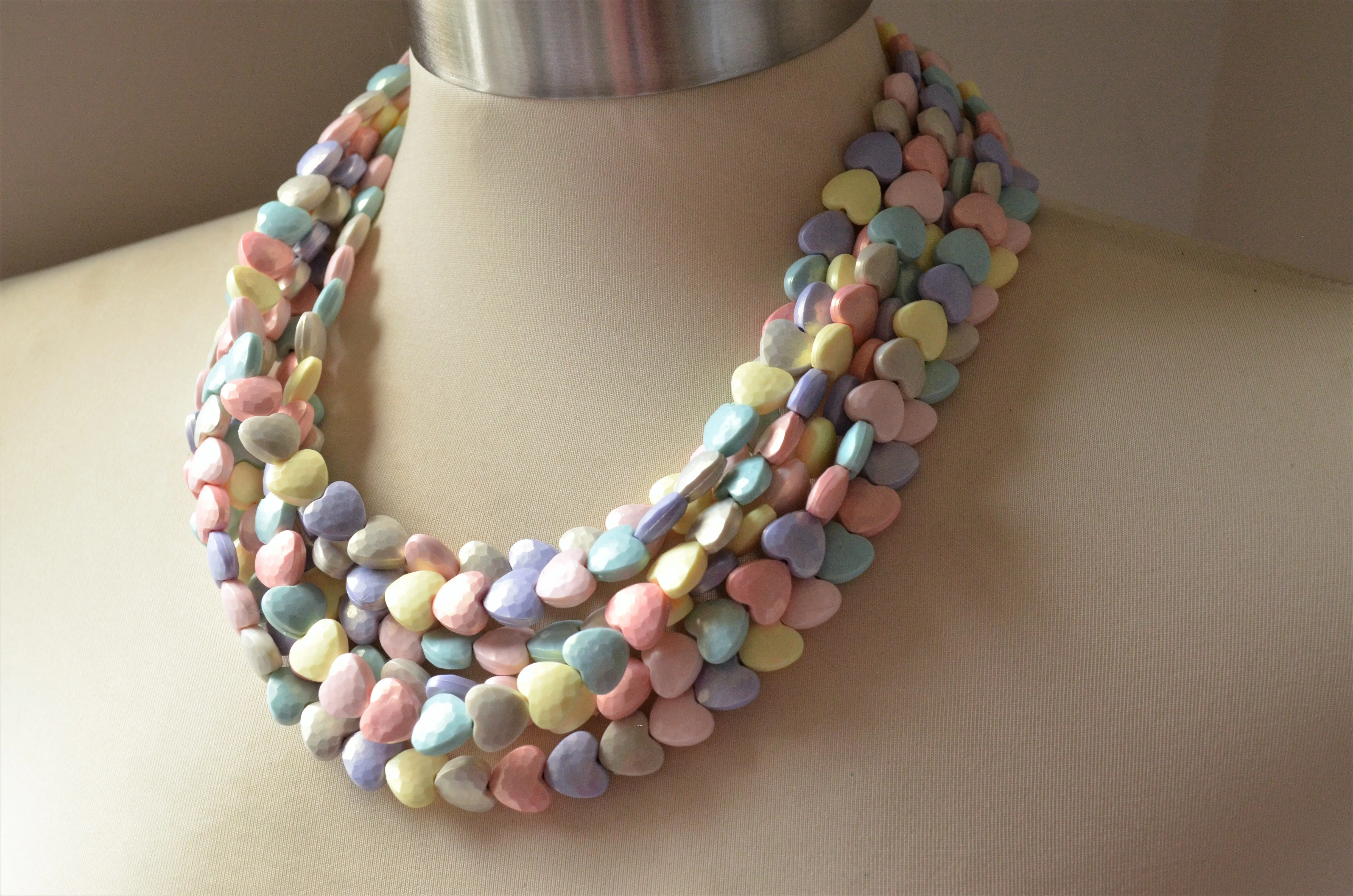 Pastel Heart Acrylic Bead Multi Strand Valentines Statement Necklace