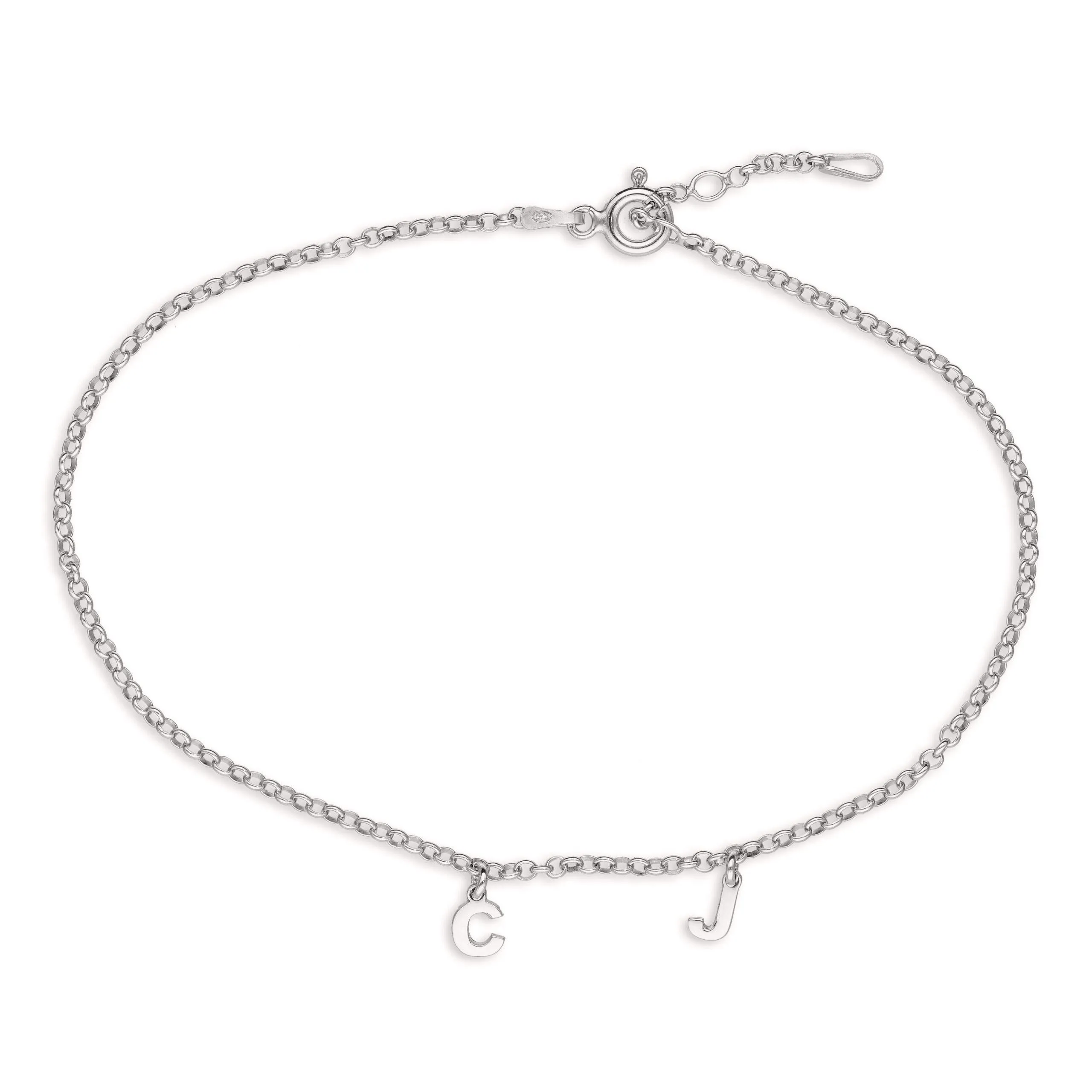 Personalised Sterling Silver 2 Initial Arial Block Font Anklet