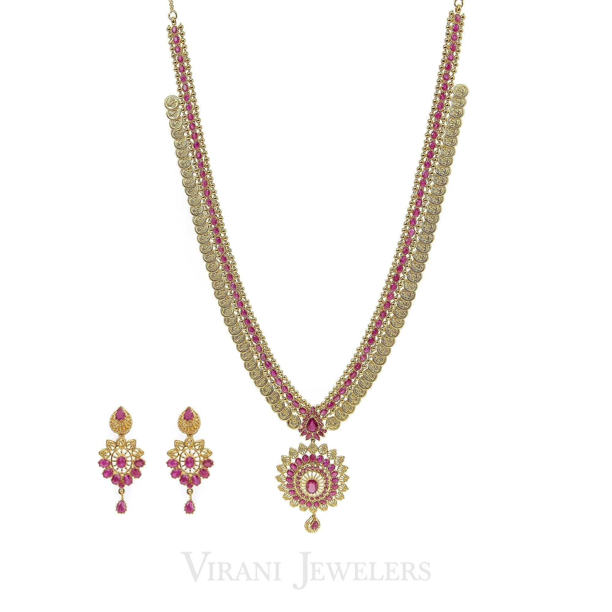 Pink Ruby Vintage Drop Necklace and Earrings Set in 22K Yellow Gold W/ Coin Accents