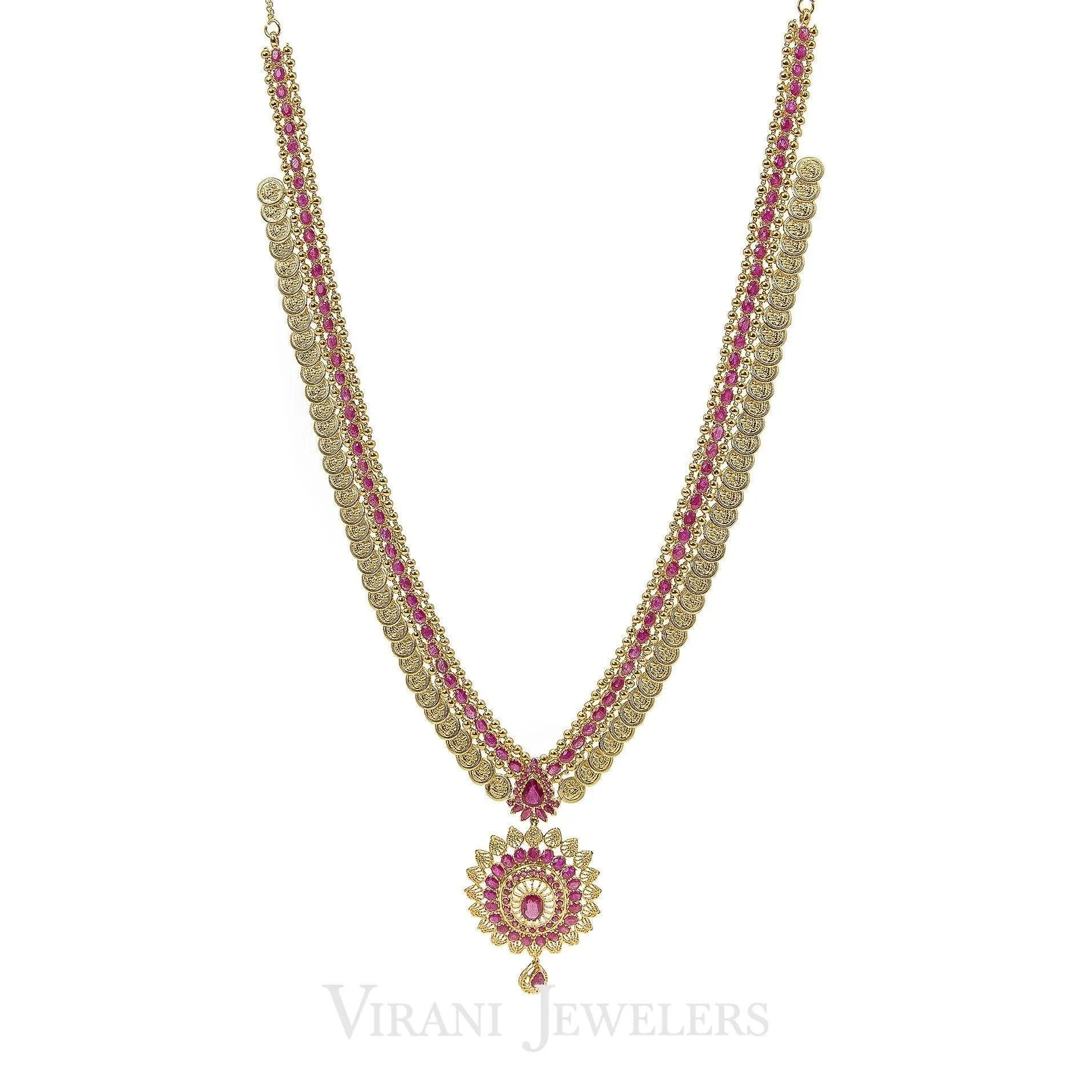 Pink Ruby Vintage Drop Necklace and Earrings Set in 22K Yellow Gold W/ Coin Accents