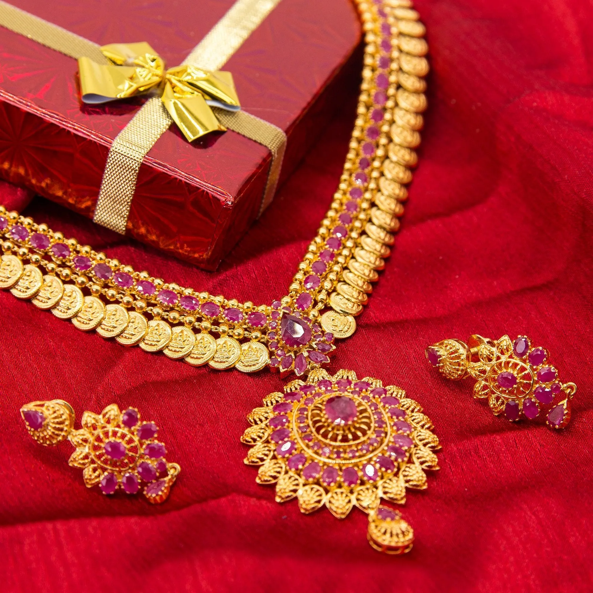 Pink Ruby Vintage Drop Necklace and Earrings Set in 22K Yellow Gold W/ Coin Accents